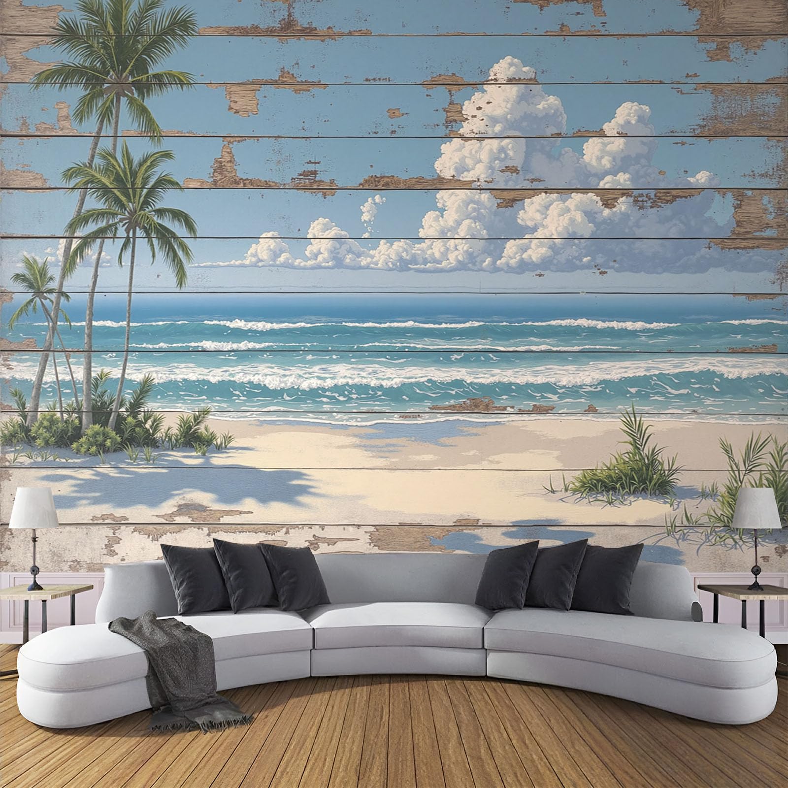 Papier peint panoramique plage de planches pour agrandir un salon sombre