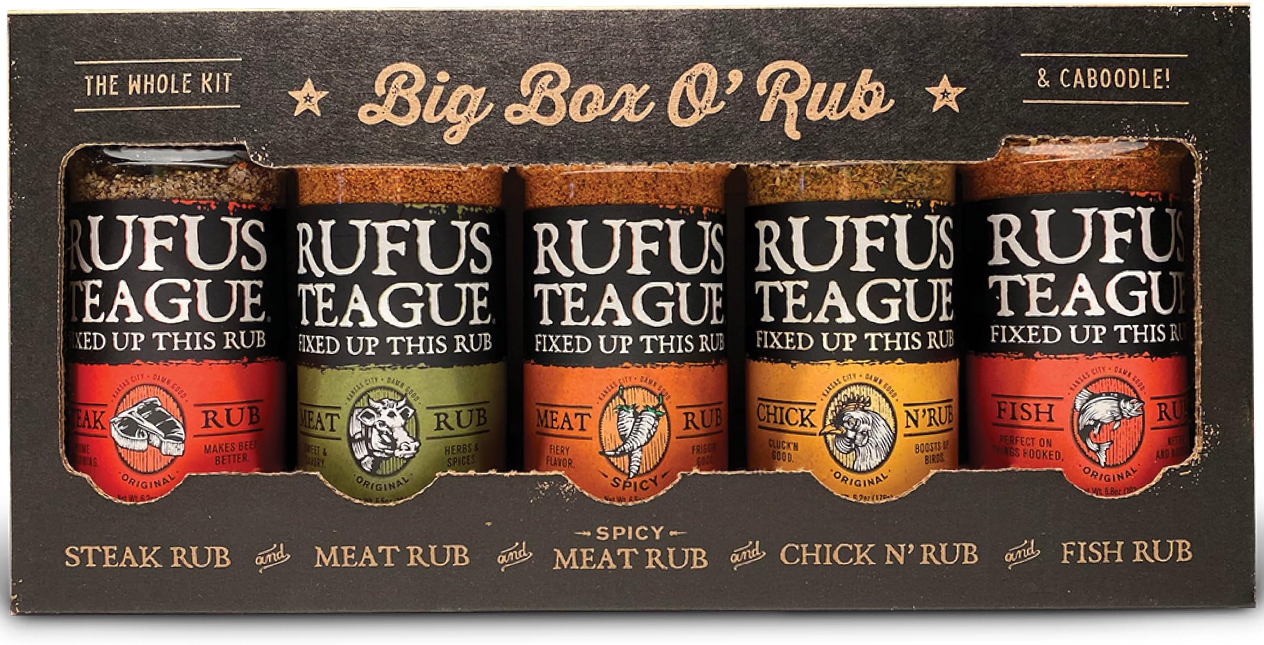 Rufus Teague Big Box O' Rub Variety Pack - Premium BBQ Rub - 5 Bottles