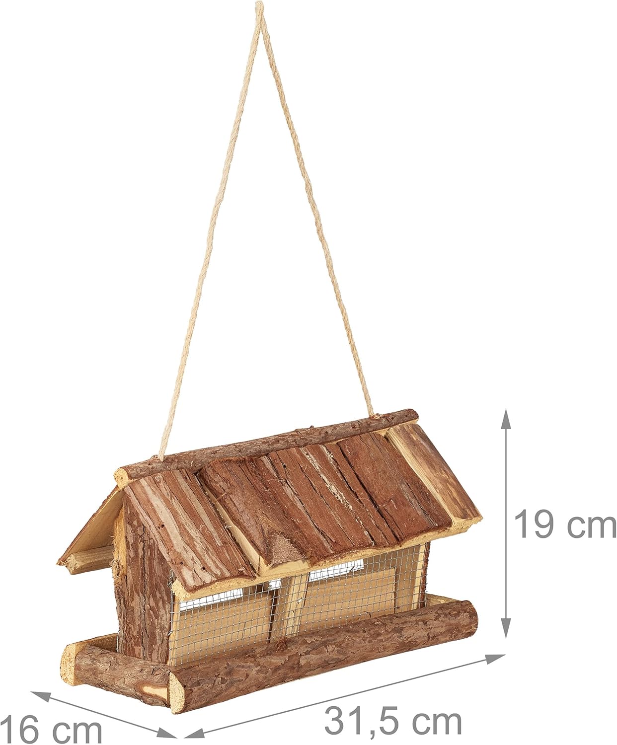 Diagram showing the dimensions of the bird feeder: 31.5 cm length, 16 cm width, 19 cm height (including hanging rope)