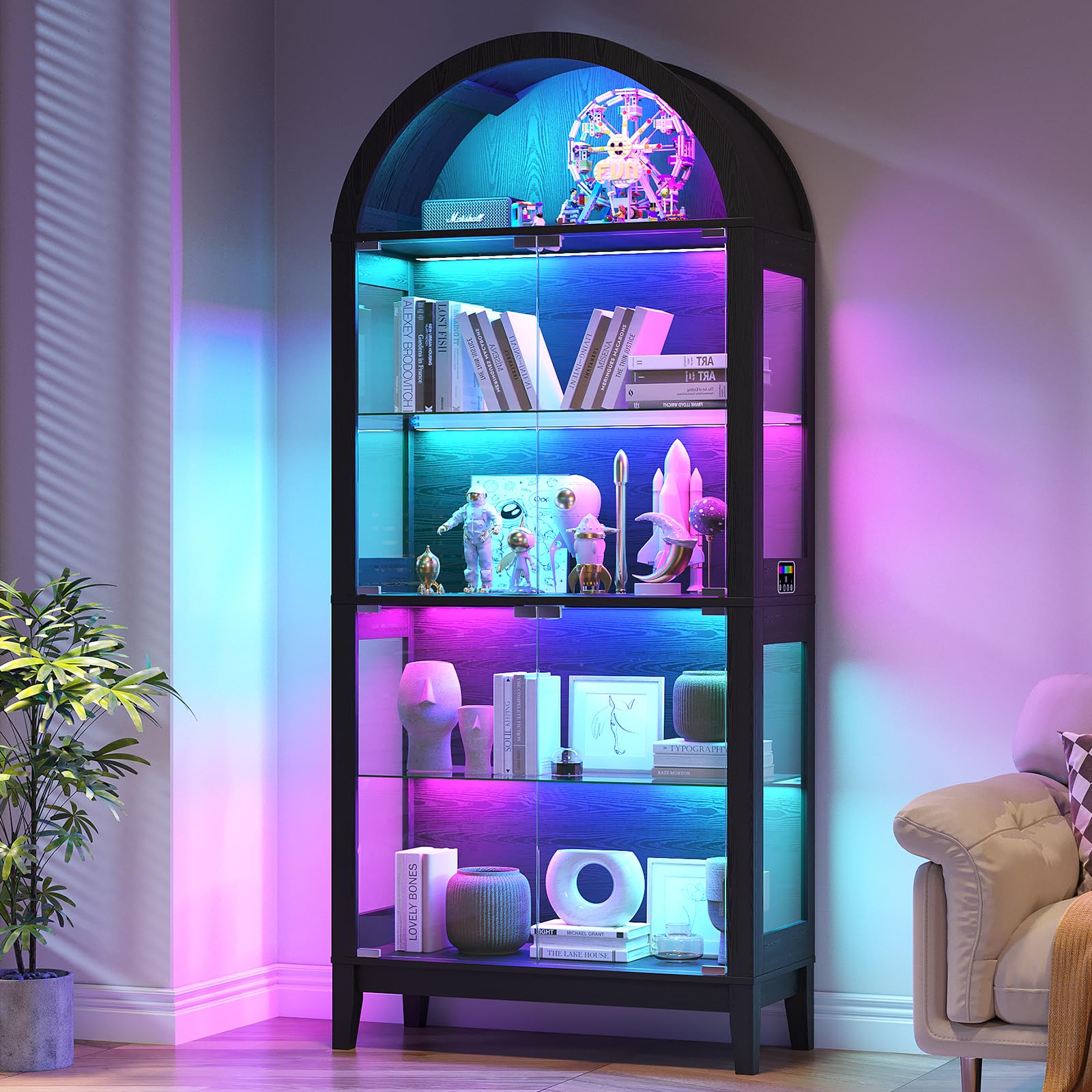 HNEBC Arched Display Case with RGB Lights, 69" Tall 5-Tier Tempered Glass Display Cabinet with Doors, LED Lego Curio Cabinet with Shelf, Floor Standing Bookcase for Living Room (Black)