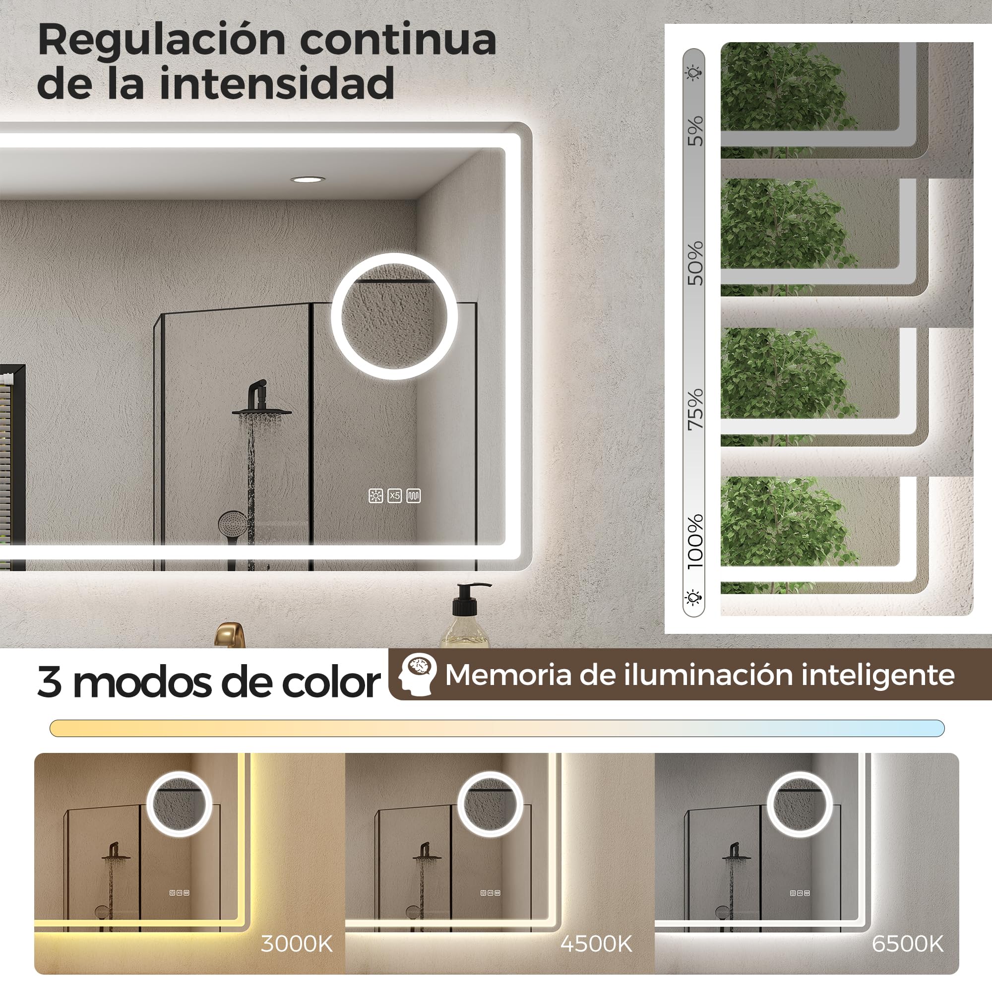 STARLEAD 70x120cm Espejo Baño con Luz LED, Aumento 5X y Antivaho | Regulable, 3 Colores 3000K-6500K, Memoria, IP44, Vidrio Templado, CRI>90, Control Táctil, Montaje en Pared
