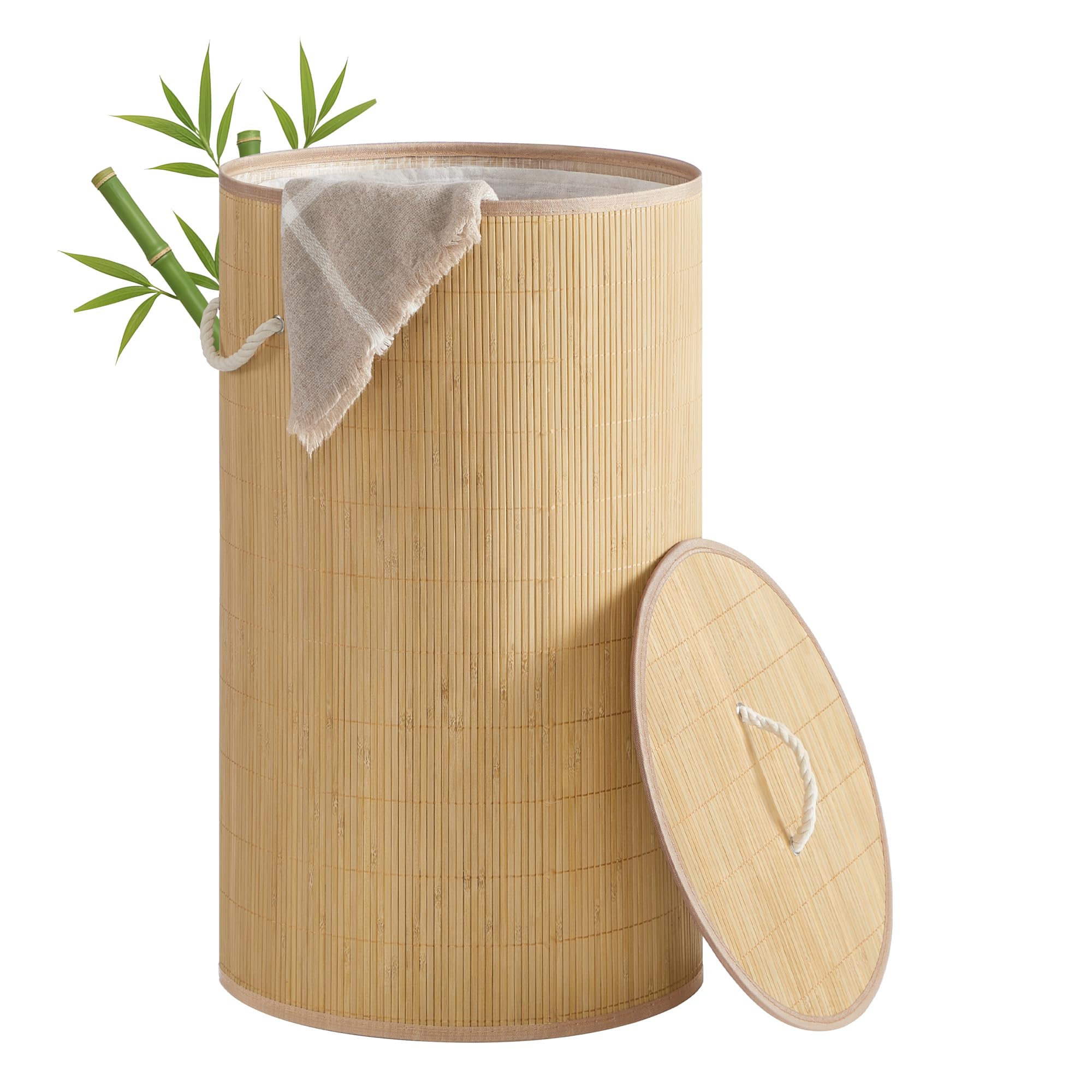 Bamboo laundry basket with lid and washable liner, Natural / 90 L