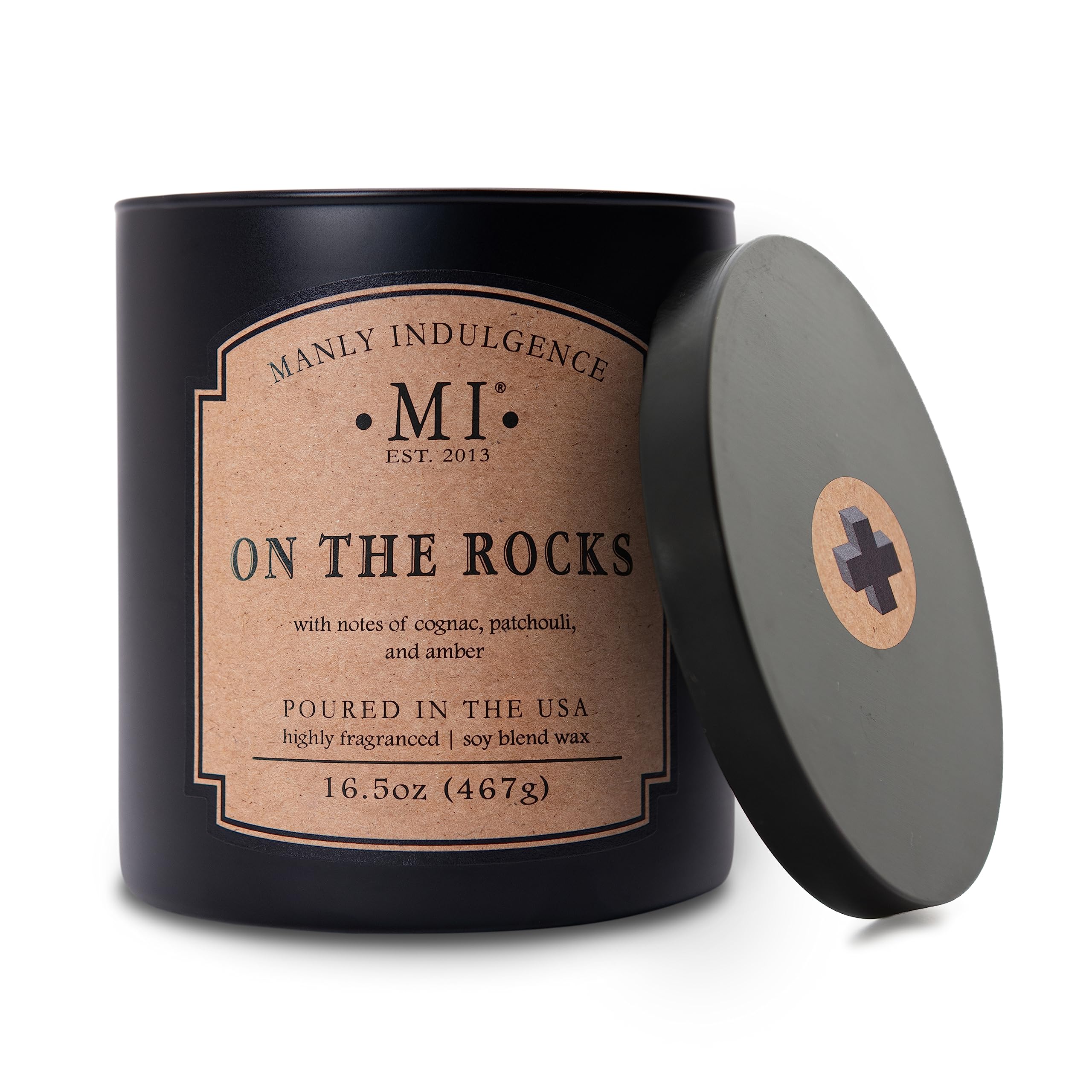 Manly Indulgence On The Rocks Scented Candle for Men 16.5 oz - Oakmoss, Vetiver & Musk - 2 Wicks & 2X Intense Fragrance - Up to 60 Hour Burn - Soy Blend Wax, USA Poured - Classic+ Collection