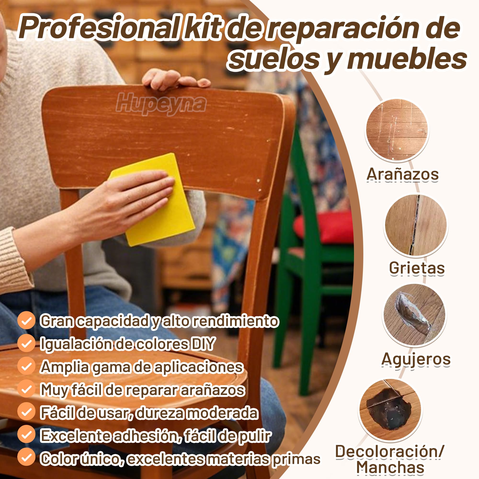 Kit de Reparación de Madera, Kit Reparación Laminado - Serie Madera Natural | Masillas de Madera y Cera de Abejas, Reparación de Manchas, Grietas, Agujeros, Decoloración Reparador Arañazos Parquet