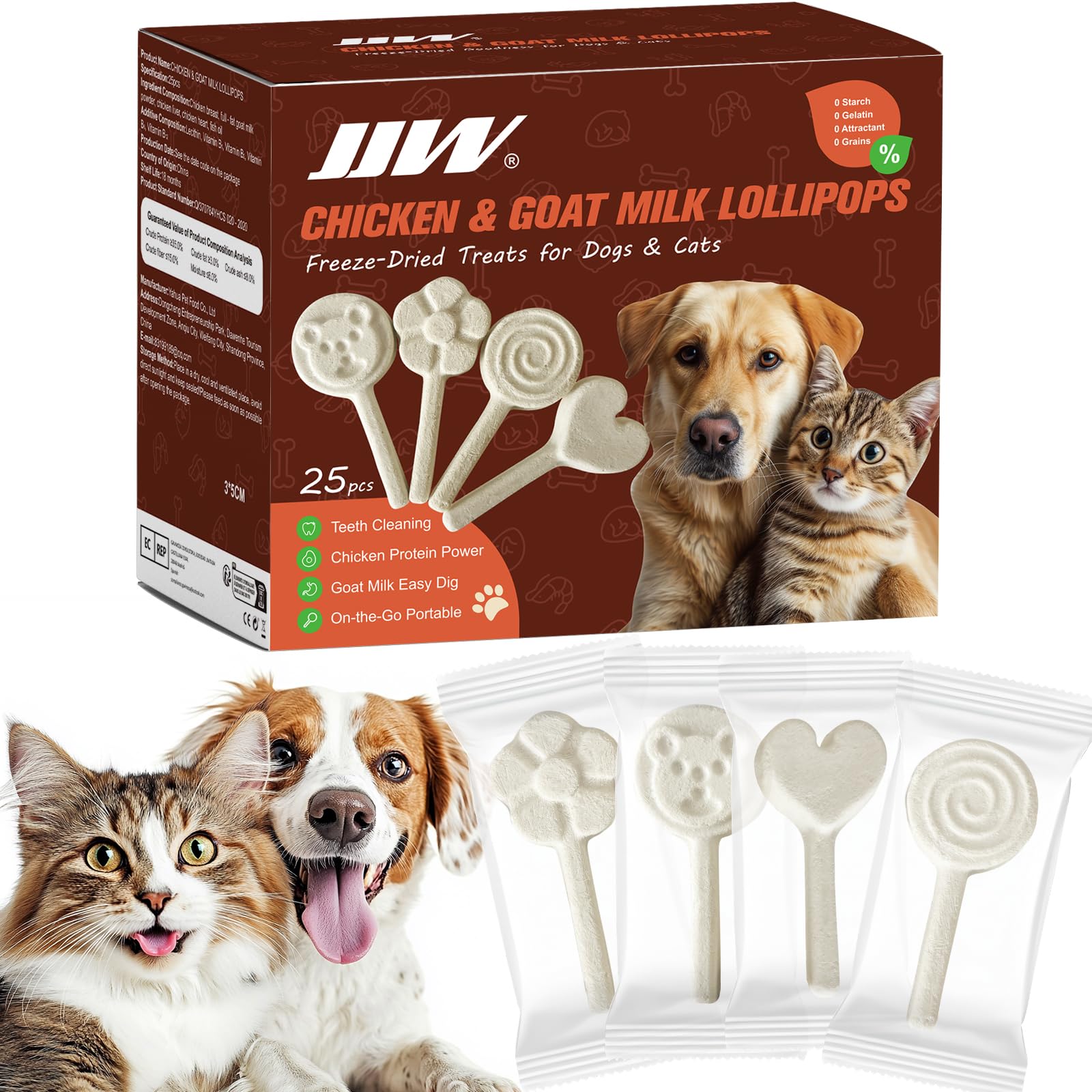JJW Memorjew 25PCS Chicken & Goat Milk Freeze-Dried Lollipops | Individually Wrapped, Portable Treats for Dogs & Cats