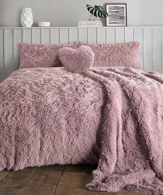 LIZZIE JACOBS Cuddles Fluffy Fur Fleece Luxurious Duvet Cover Sets Super Soft Warm Cosy Snuggle Long Pile Fleece Quilt Cover Sets Reversible Bedding Sets (Double, Blush Pink)