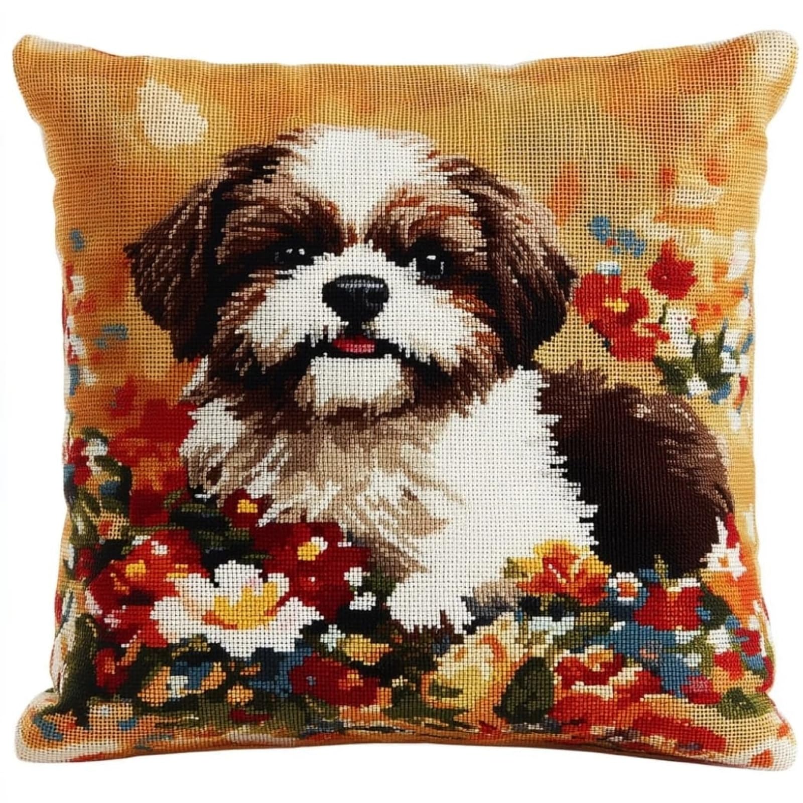 WallustrioaW Cross Stitch Cushion Kit Pillow,Shih Tzus and Flowers DIY Embroidery Cross Stitch Cushion Kits Needlework 11ct Stitched Pillow Cover,45x45cm