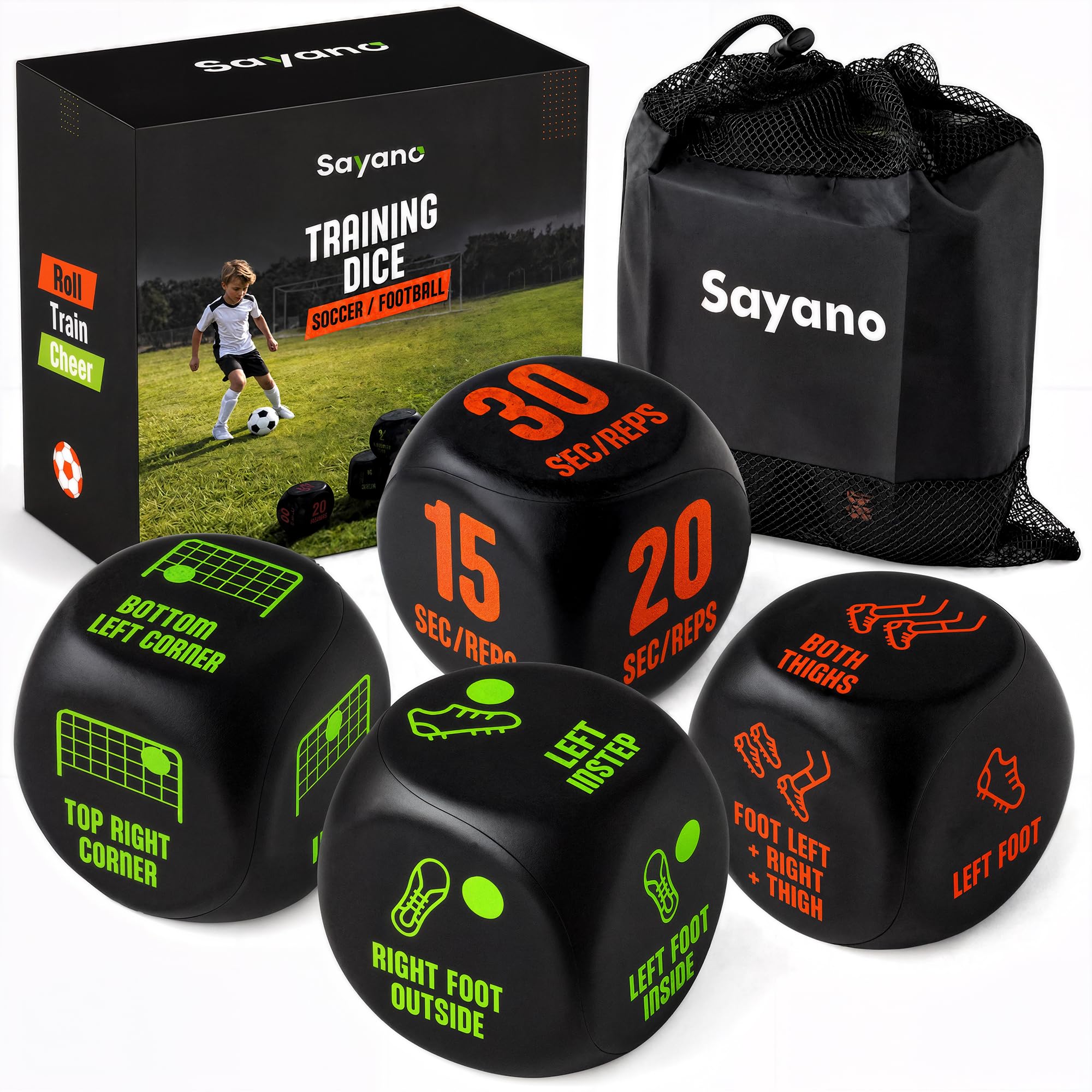 Sayano - Football Dice Set of 4, 2x Keepy Uppy & 2x Goal Dice, Football Gifts for Boys 8-12, Soccer Gift for Girls, Soccer Training Equipment/Game for Kids (English)