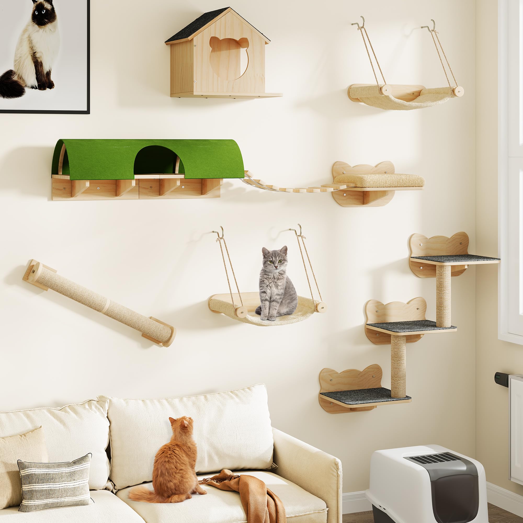 YITAHOME Set da parete per gatti in legno robusto, 7 ripiani con casa, ponte sospeso, scale, amaca e tiragraffi per dormire, giocare e riposare