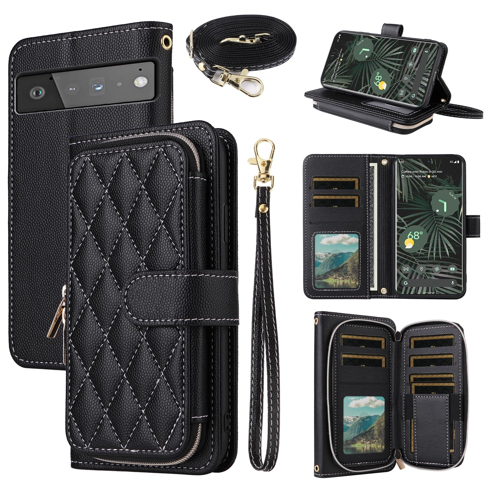 Dswteny Argyle Wallet Case for Google Pixel 6 Pro with Wrist Strap Shoulder Strap Flip Credit Card Holder Stand Accessories Cell Phone Cover for