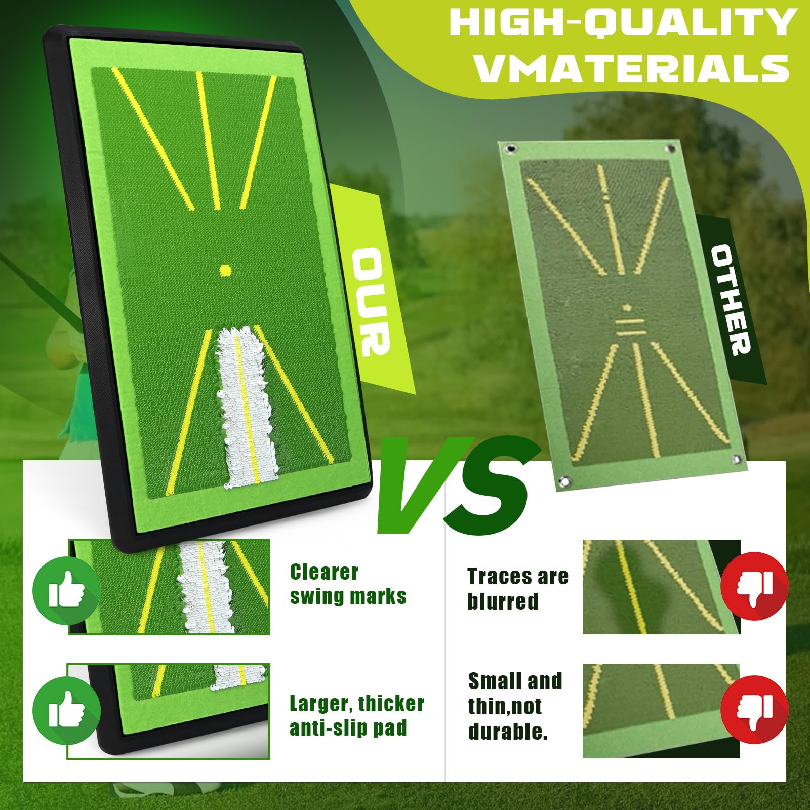 Golf Abschlagmatte Golfmatte mit 1 Austauschbar Golf Trainingshilfen Mat für Schlagbahn-Analyse, Rutschfester Gummibasis, Indoor & Outdoor Golfanfänger, 42,5x27 cm