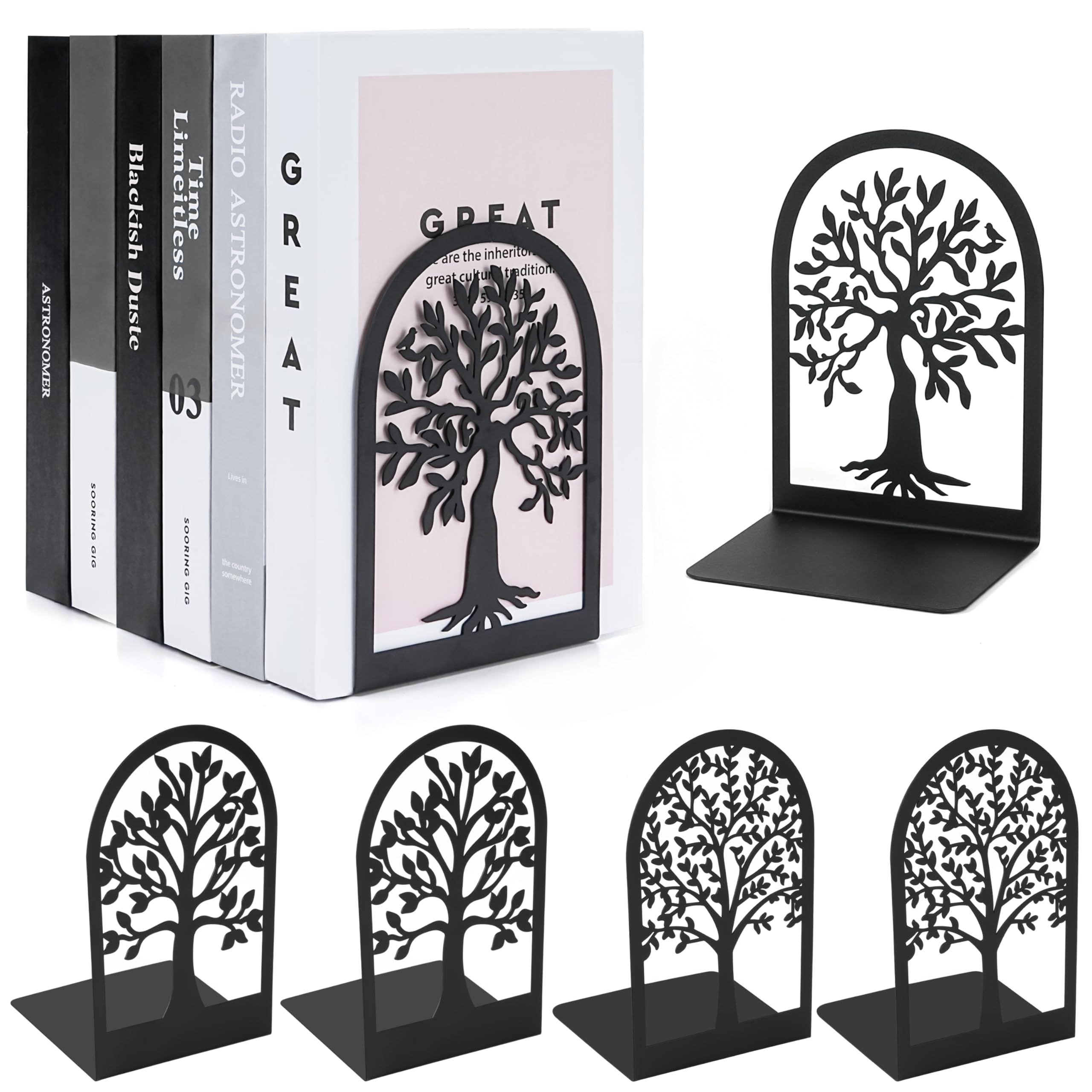 Winter Shore Sujeta libros Negros de Metal Estilo Árbol (Pack de 6) - Soporte Libros Decorativos con Almohadillas Antideslizantes - Hierro Inoxidable - Bordes Seguros - 3 Pares, Diseños Únicos