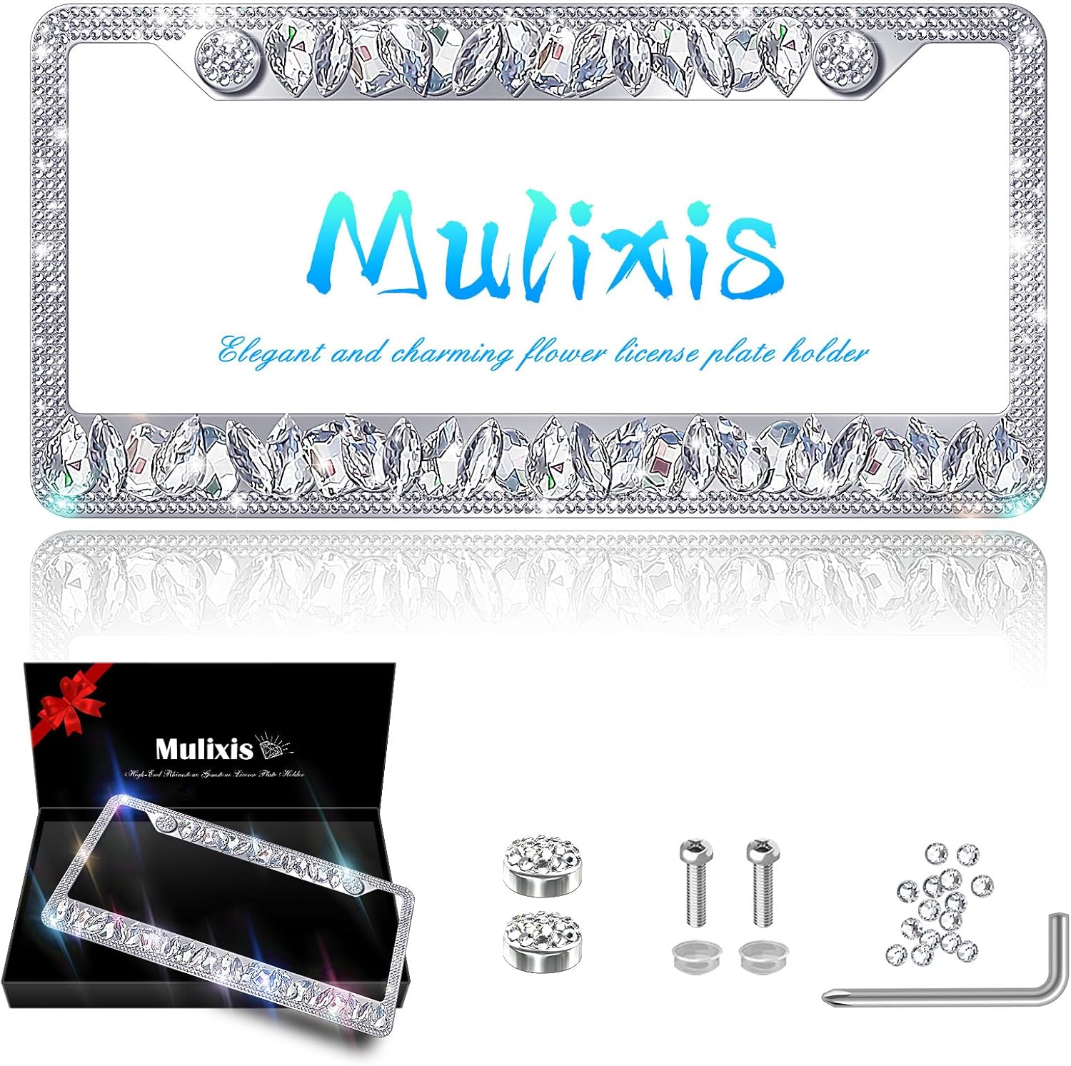 Bing License Plate Frames for Women Diamond License Plate Frame 1 Pack Rhinestone Bedazzled License Plate Holder Stainless Steel Frame - High-End Gift Box Packaging