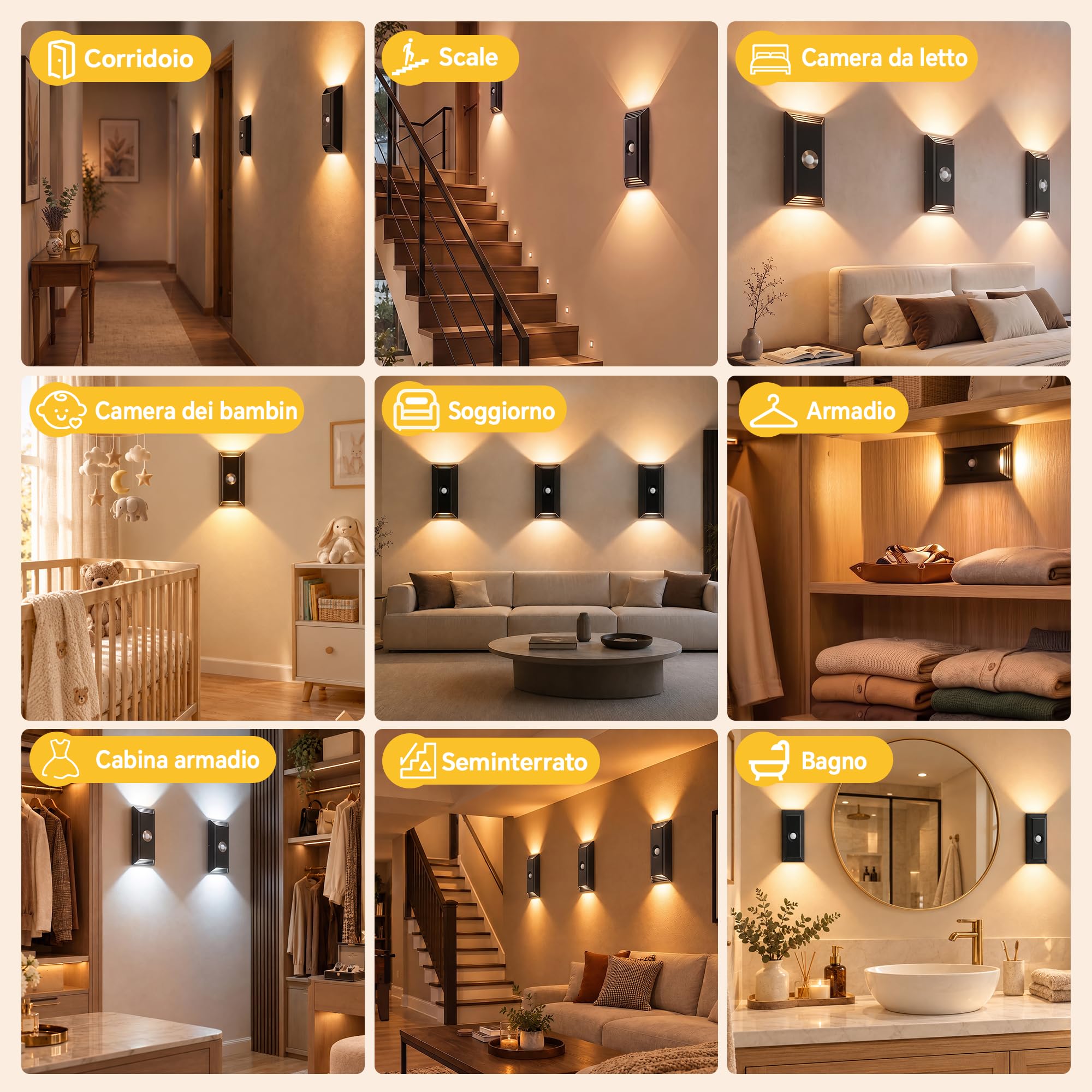 ICARE Lampada da Parete LED con Sensore di Movimento, 3 Pezzi, Ricaricabile