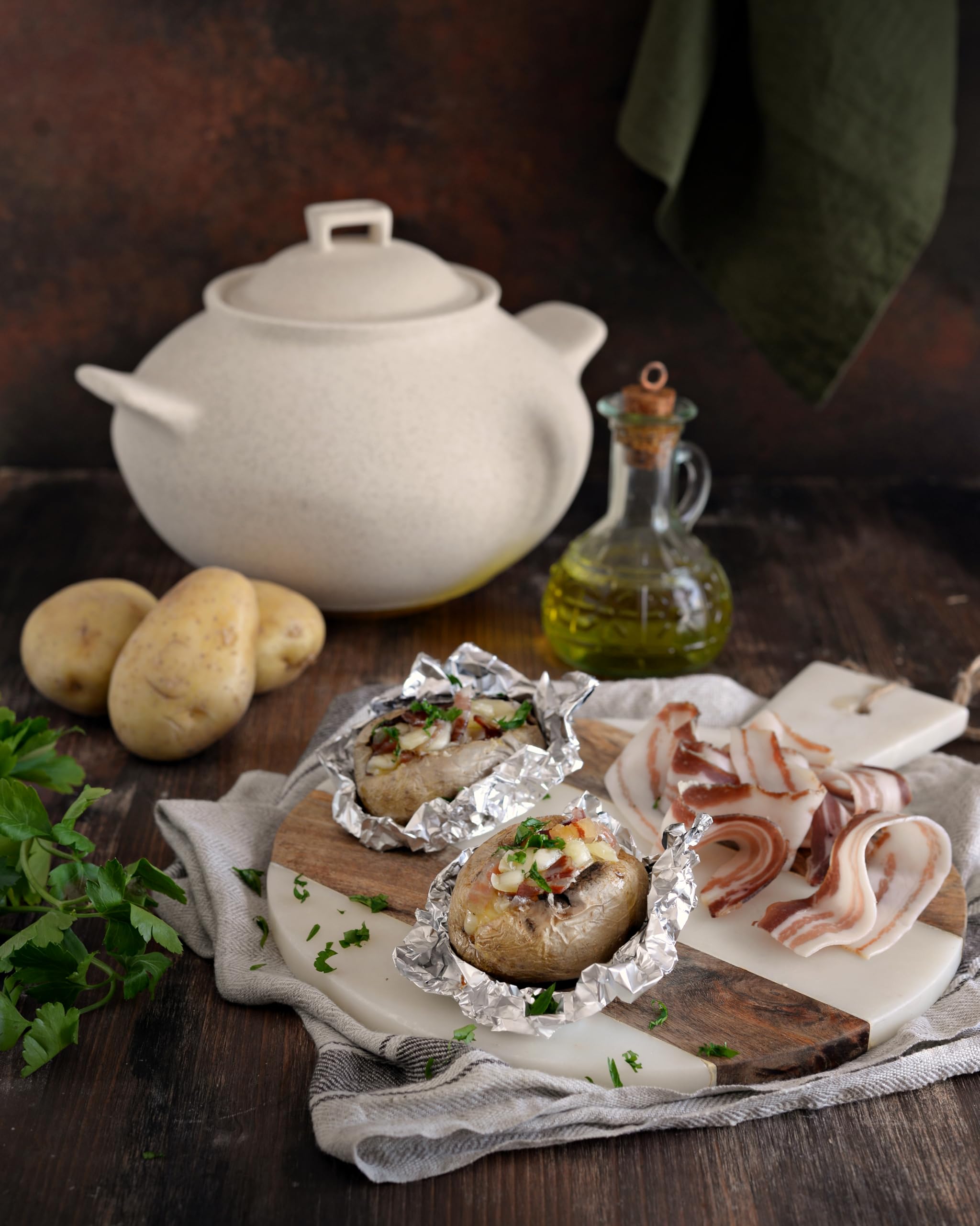 Wald Cuocipatate e Cuocicastagne in Argilla da Fiamma – Ø 22 cm con Coperchio – Cottura a Secco, Ideale per Patate e Castagne, Uso Diretto su Fiamma, Naturale e Non Smaltato