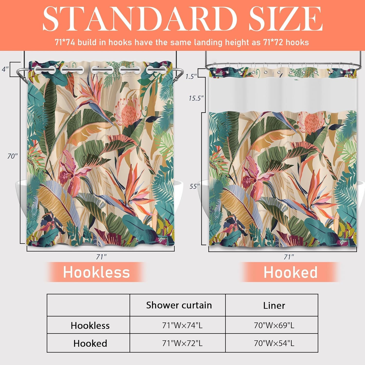Tropical Through Mesh Top Shower Curtain with Window, Colorful Palm Leaf Layer Shower Curtains with Snap in Liner with Magnets, Waterproof Cloth Fabric with Hooks, 71" W x 72" L