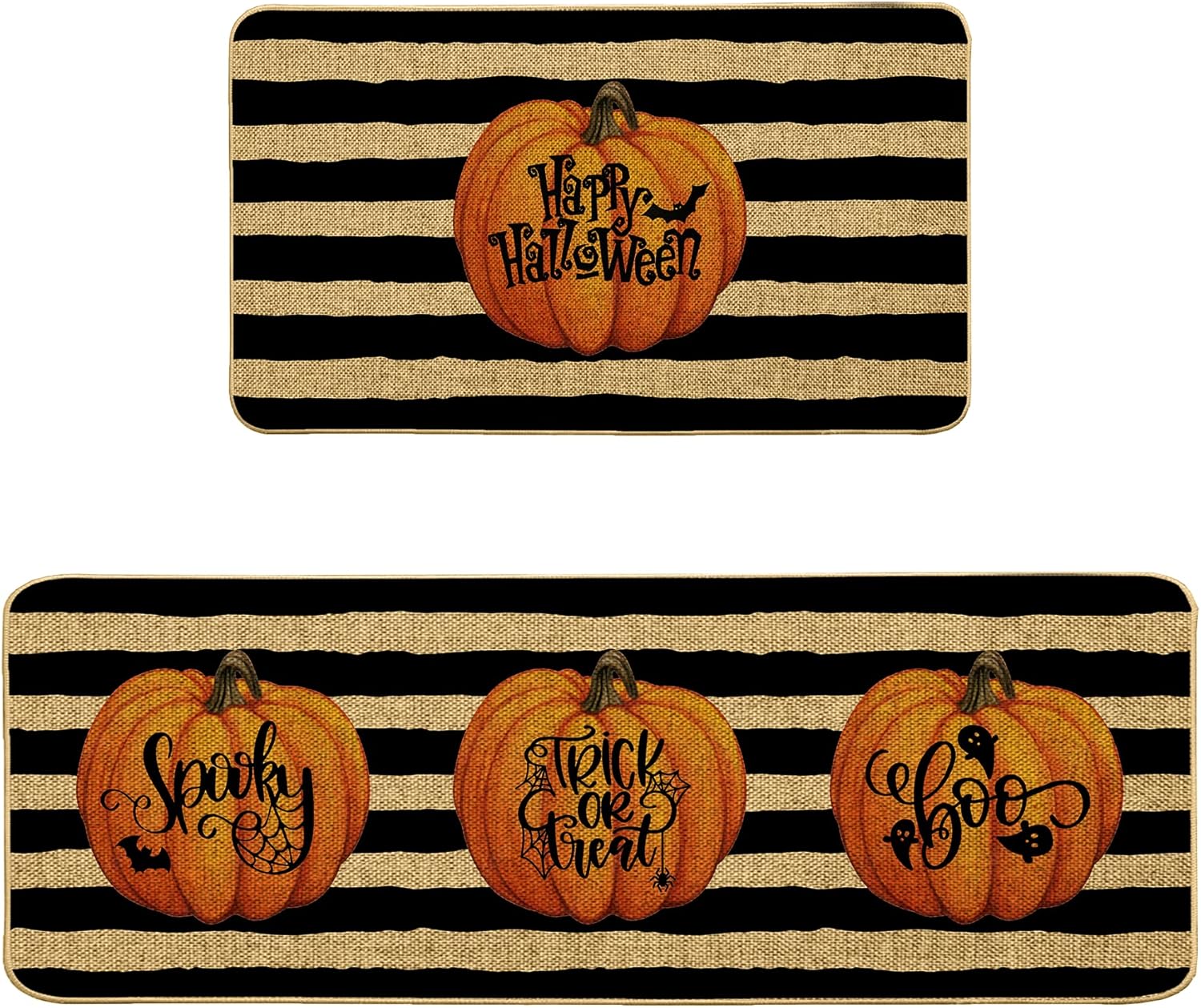 Watercolor Stripes Pumpkin Kitchen Mats Set of 2, Fall