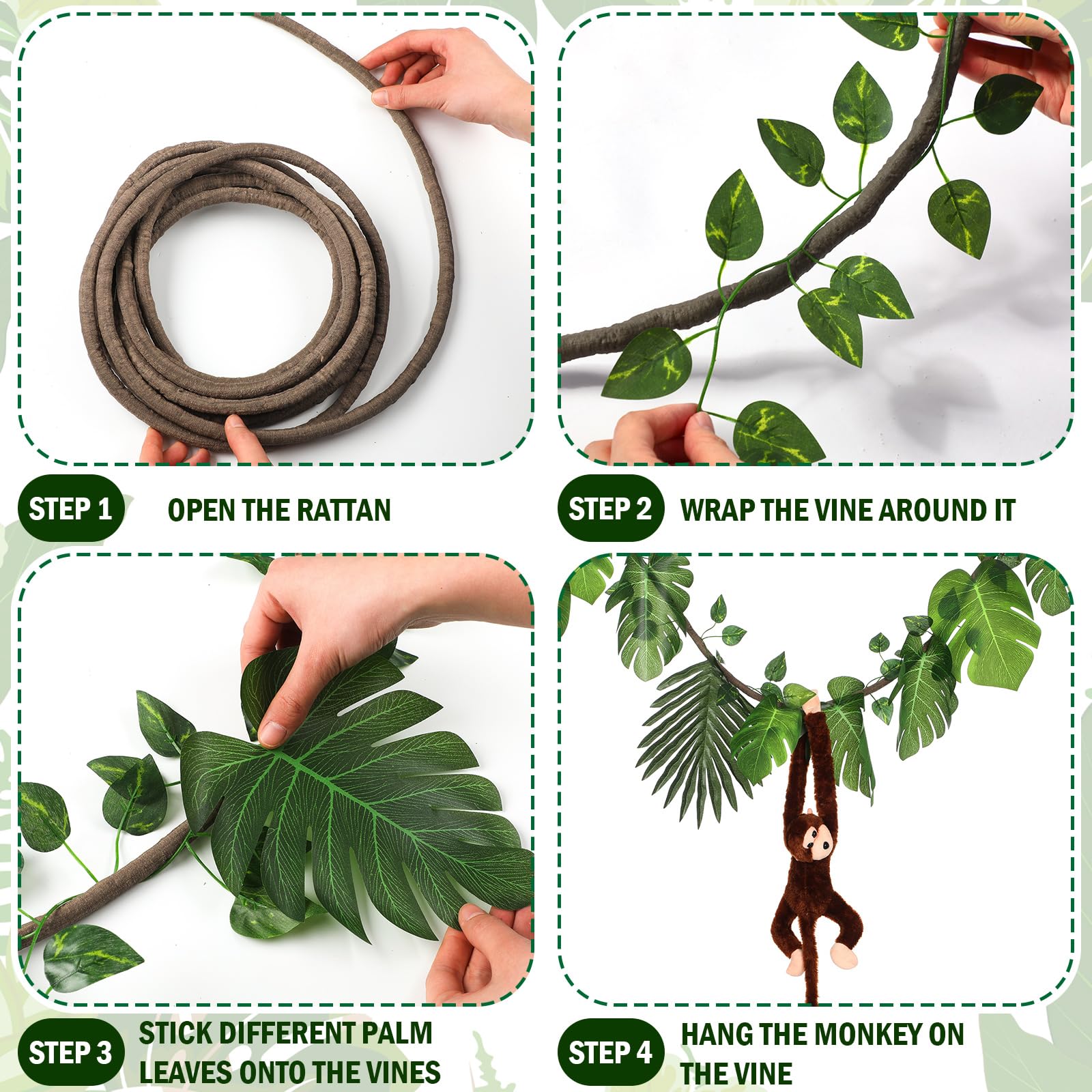 Suncalla 115 piezas de decoración de fiesta temática de la selva, 6 monos colgantes de peluche de 29 pies, vides Pothos de 40 pies, ratanes artificiales, 100 guirnaldas tropicales de hojas de palma