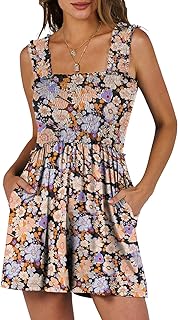 Women's Summer Casual Smocked Rompers Square Neck Sleeveless Loose Short...