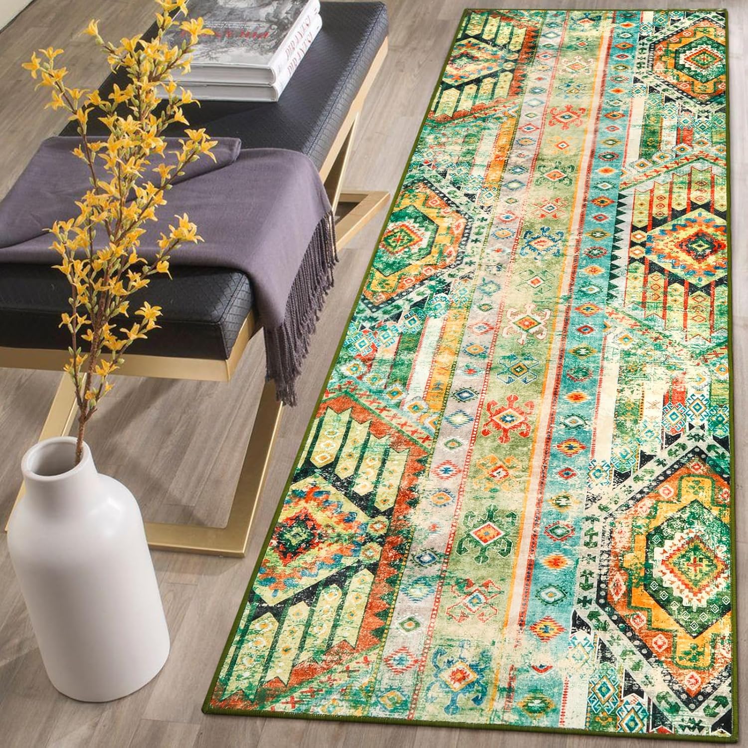 Wonnitar Boho Tribal Rug Runner,Washable 2'6"x8' Green UltraThin Runner Rug for