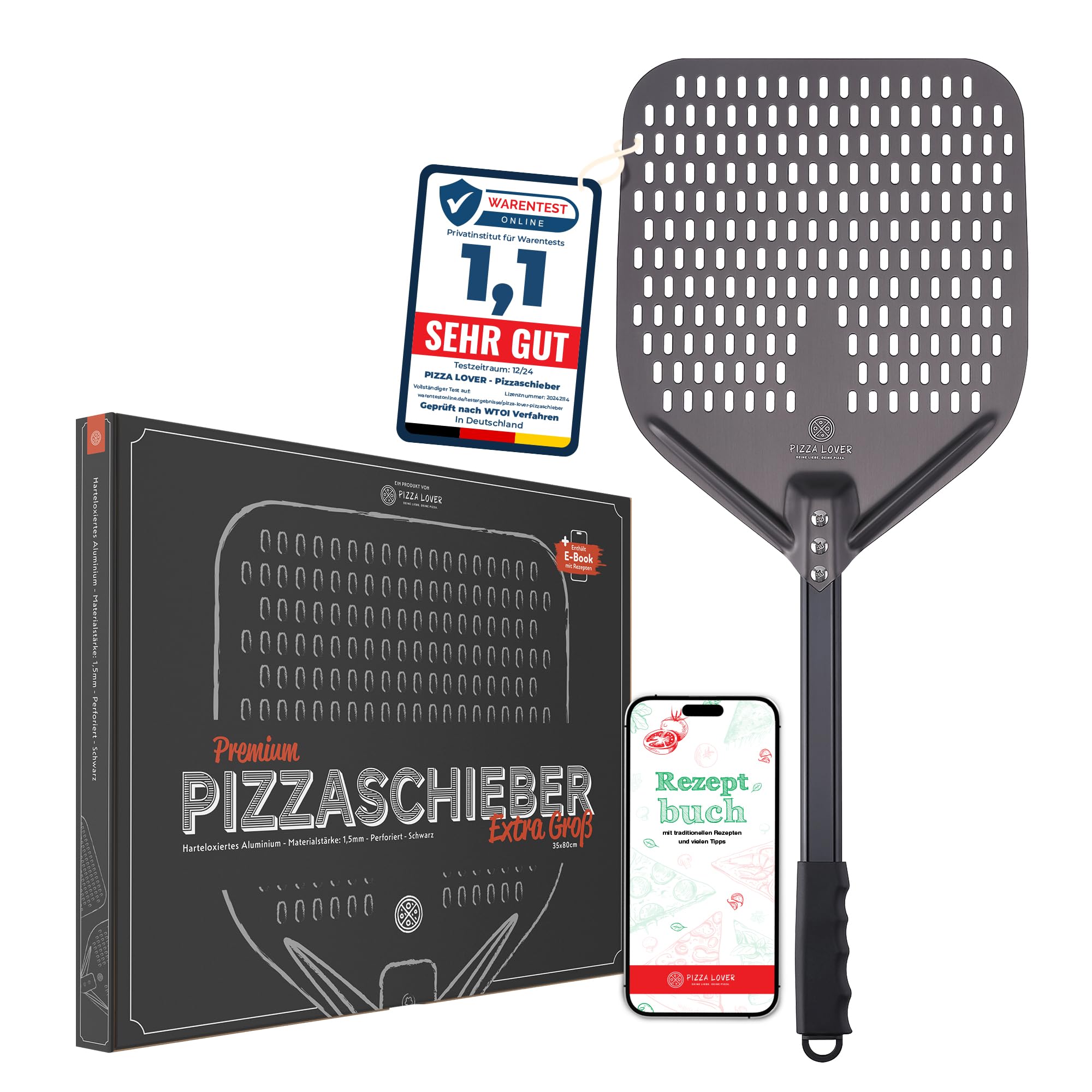 Pizza Lover® hochwertiger Pizzaschieber perforiert 35 x 35 cm Pizzaschaufel aus harteloxiertem Aluminium (Antihaft) Pizzaheber für hausgemachte Pizza & Brot ideal für Pizzastein, Backofen & Grill