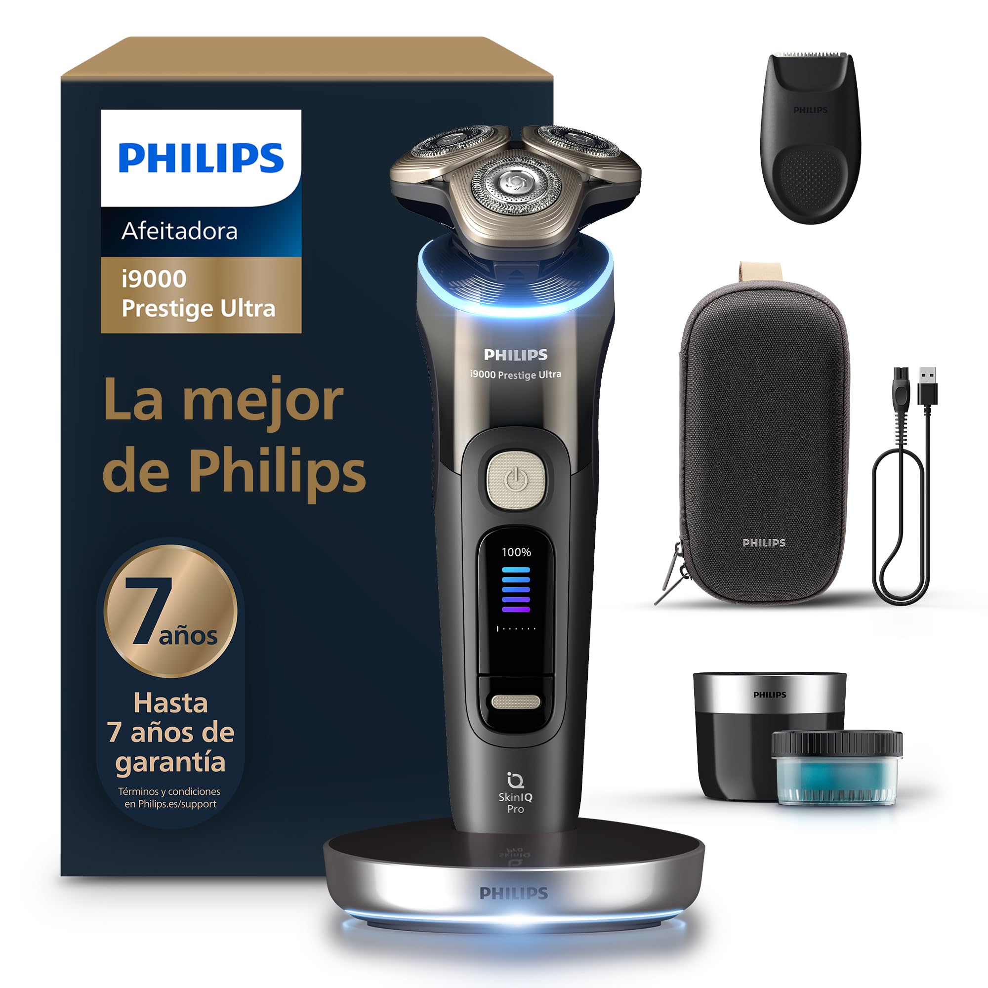Philips i9000 Prestige Ultra, Afeitadora Eléctrica Hombre, Máquina de Afeitar Barba en Seco y Mojado, Tecnología SkinIQ Pro, Base de Carga, Recargable, Estuche Premium, Centro de limpieza, XP9405/31