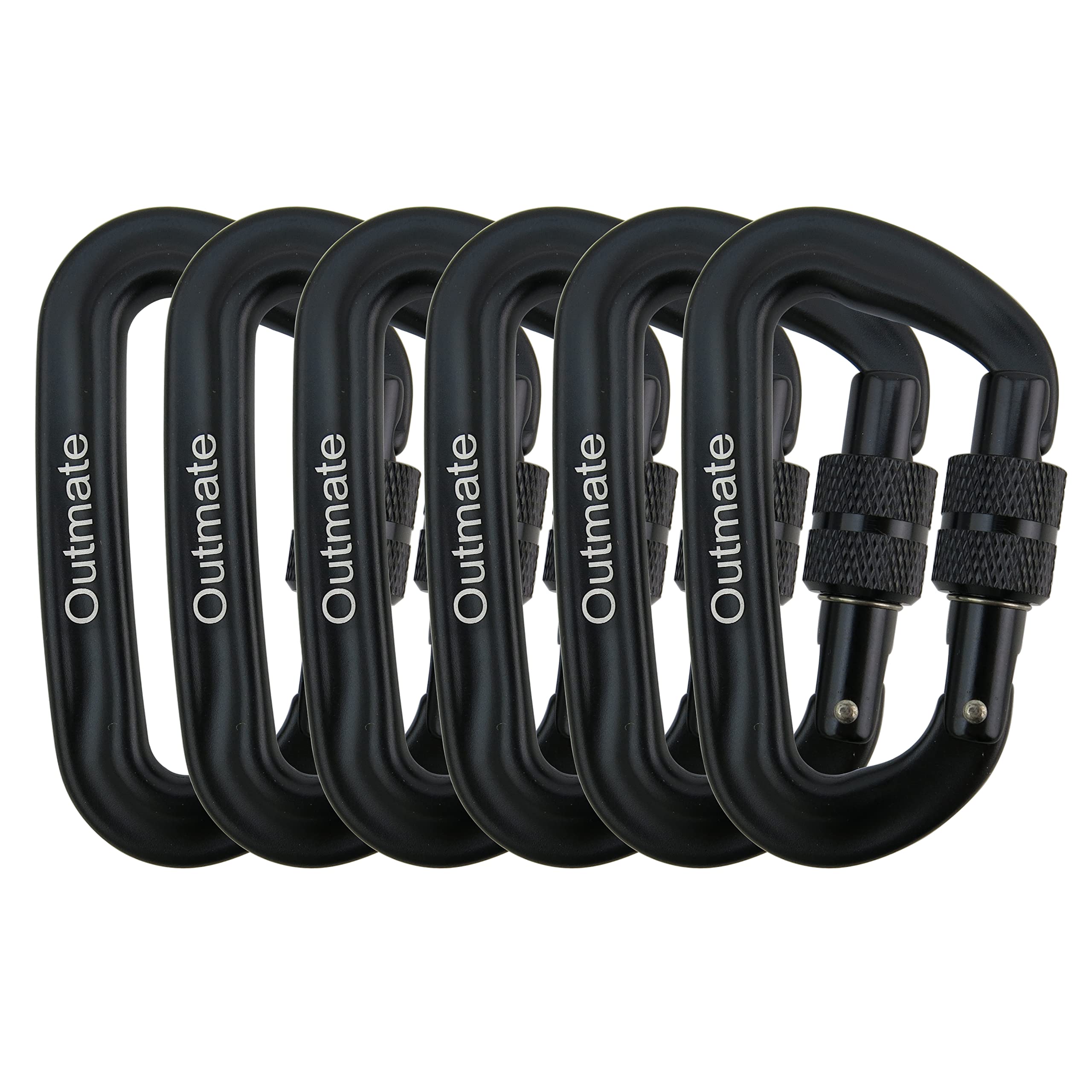 Outmate 12kN 3.2"x2" Heavy-Duty Carabiner Clips - Durable, Lightweight Aluminum Alloy Carabiners for Hiking, Camping, Keychains, Dog Leashes, Hammocks & More(Screw gate,6 Black)