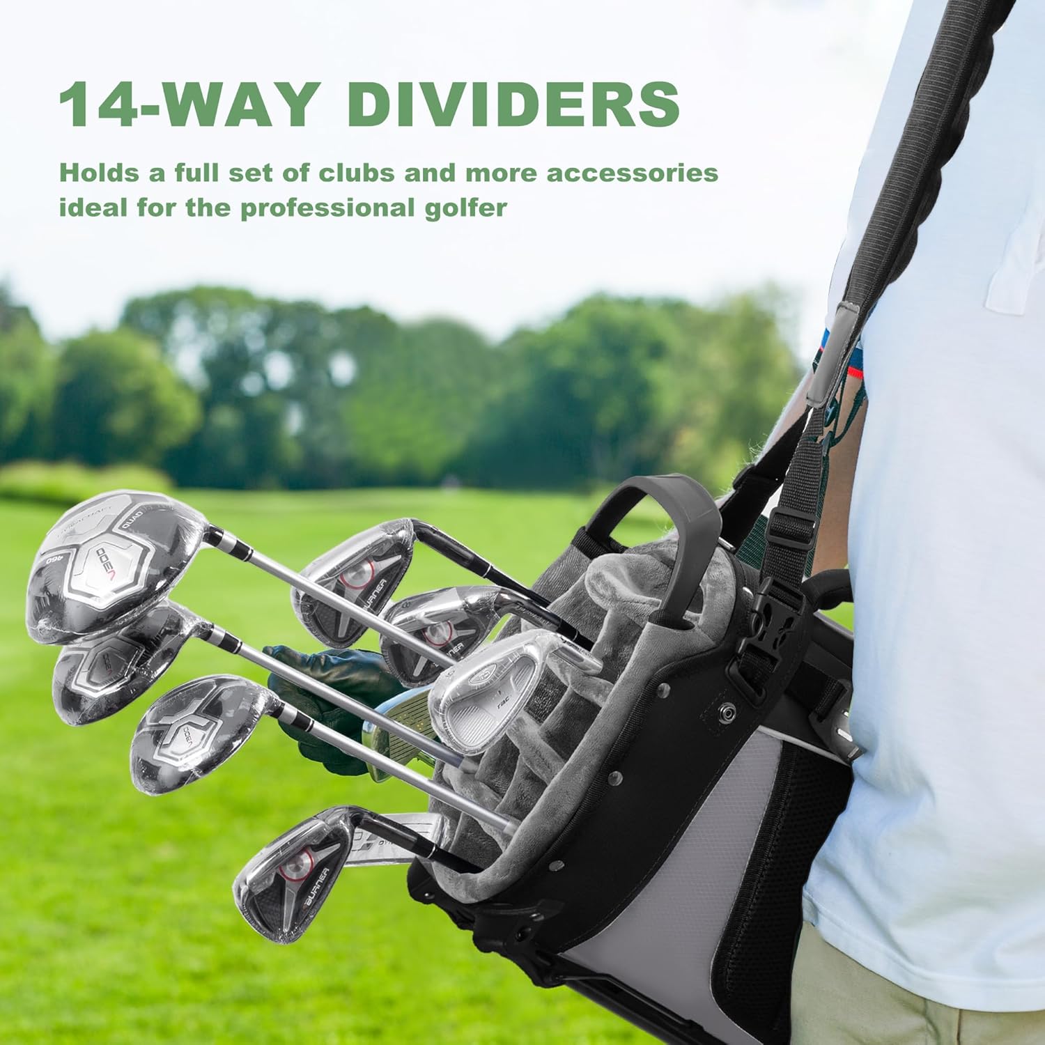 Golf Bags for Men 14 Way Full Dividers - Hybrid Stand Bag with 10 Pockets, Insulated Cooler & Interchangeable Straps - Plush Top Organizer with Magnetic Pockets for Cart & Walking