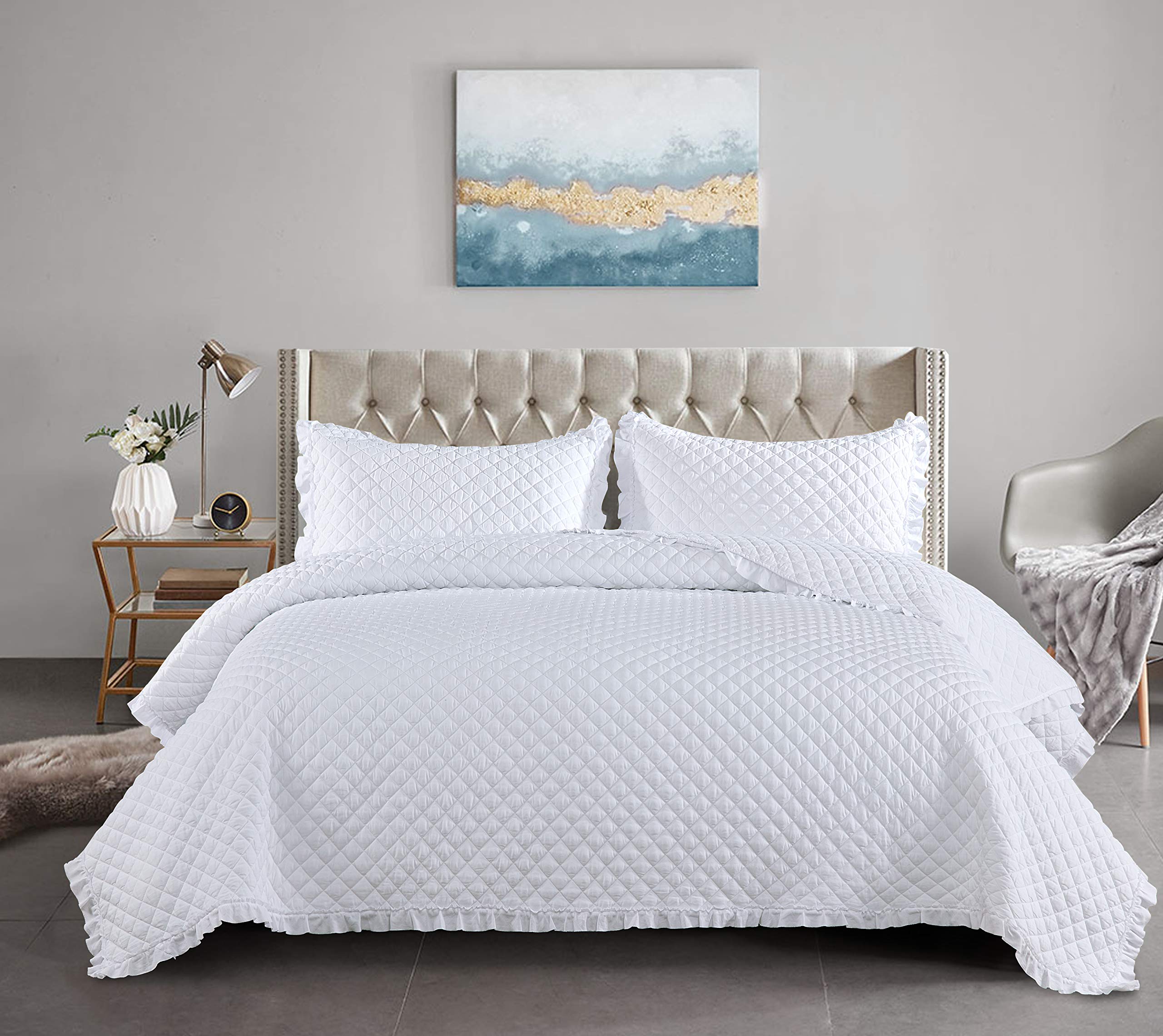 Quilt Set 3 Pieces Full/Queen Size, Diamond Stitched Pattern Bedspread Soft Bedding Microfiber Lightweight Coverlet for All Season with 1 Quilt & 2 Shams, 88x88 inches White
