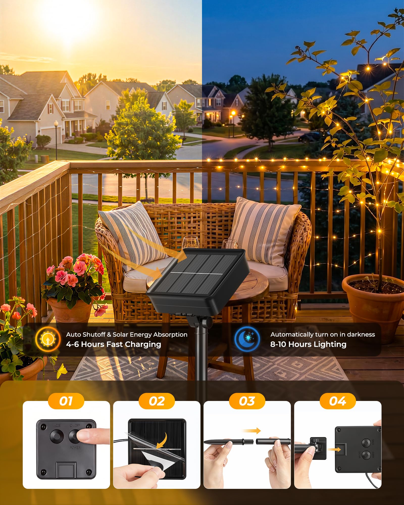 Minetom Guirnalda de luces solares, 4 paquetes en total de 400 luces LED solares de hadas de 132 pies, luces solares impermeables para exteriores, patio, árbol, boda, Navidad, blanco cálido