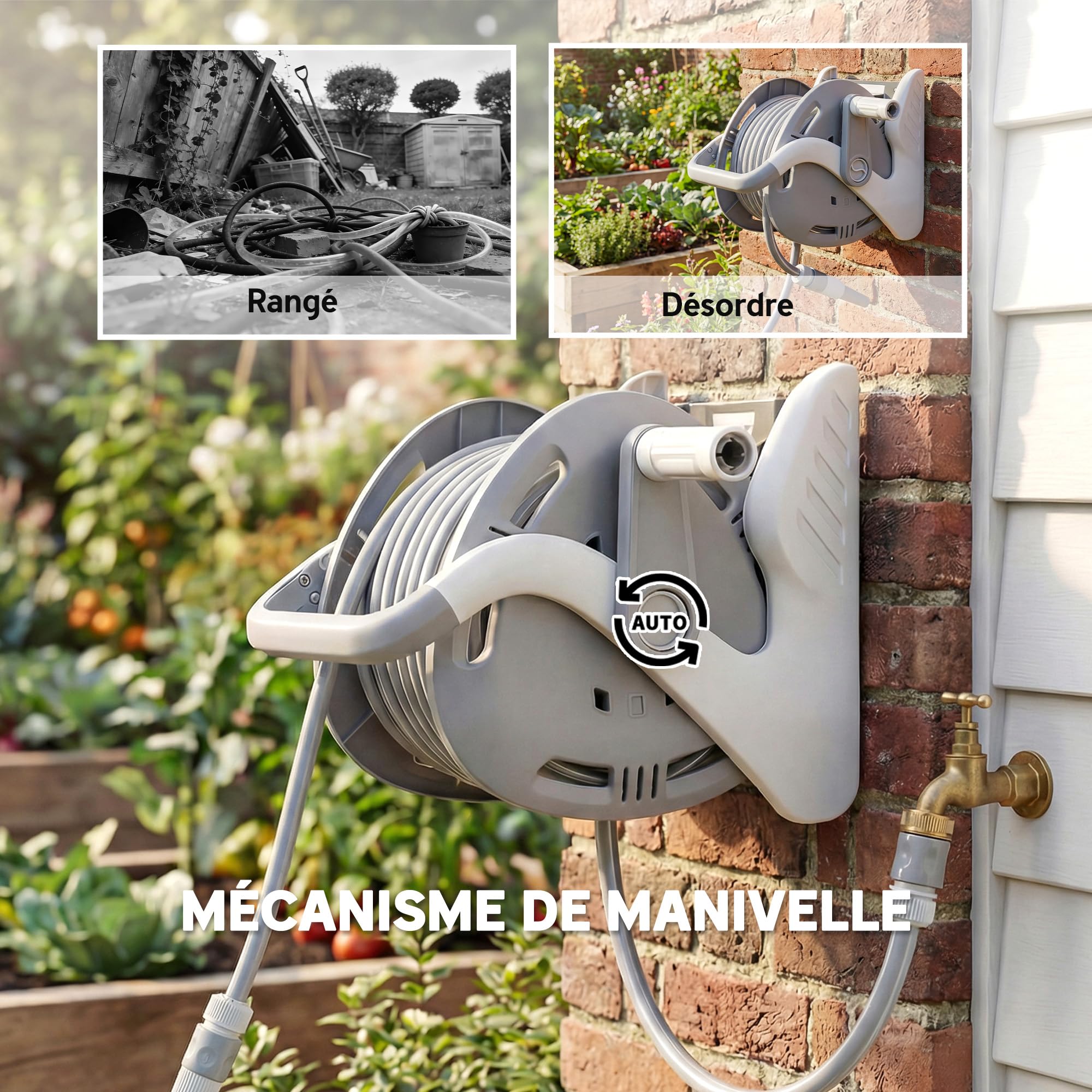 Outsunny Enrouleur Tuyau Arrosage Mural 20+2 m x Ø 15 mm Manivelle Gris | Dévidoir de Tuyaux d'Eau Portable, Buse à 2 Modes, pour Pelouse, Garage, Lavage de Voiture et Arrosage