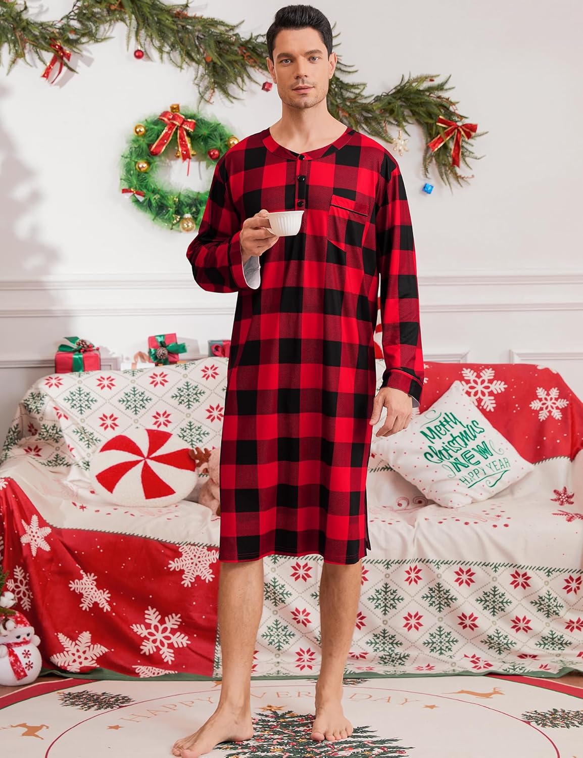 SWOMOG Men's Nightshirt Long Sleeve Nightgown Soft Loose Sleepwear Comfy Big & Tall Henley Sleep Shirt for Sleeping S-XXL - Image 2