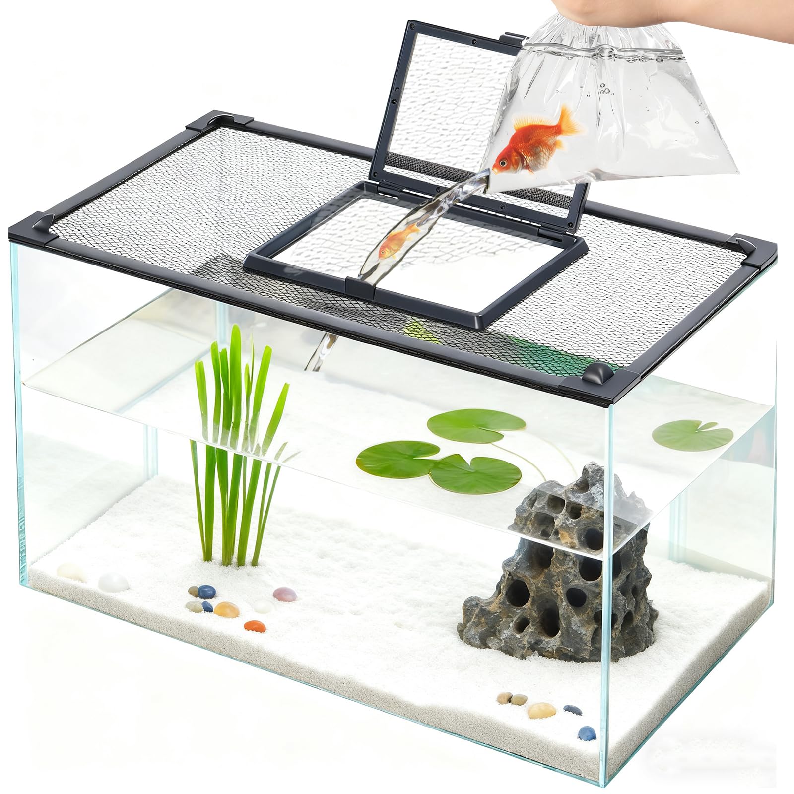DIY Magnetic Fish Tank Lid 5-50 Gallon, High Transparency Fish Tank Cover Aquarium Lid Net with Feeding Window, Aquarium Lid Can be Cut to Any Size Cover Fish Anti Jumping Net