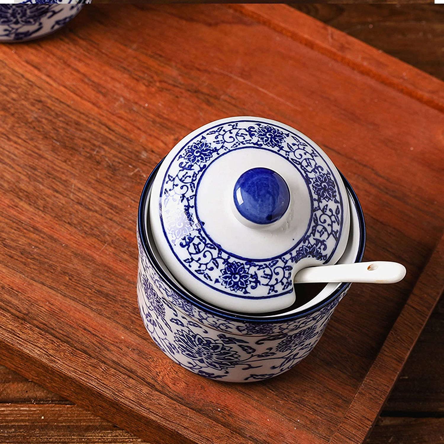 Keramische Gewürzdosen, Gewürzdosen, Chinesische und Porzellan-Zuckerdose mit Deckel, Porzellan-Zuckertopf mit Löffel, Kleiner Salztopf und Einzeltopf