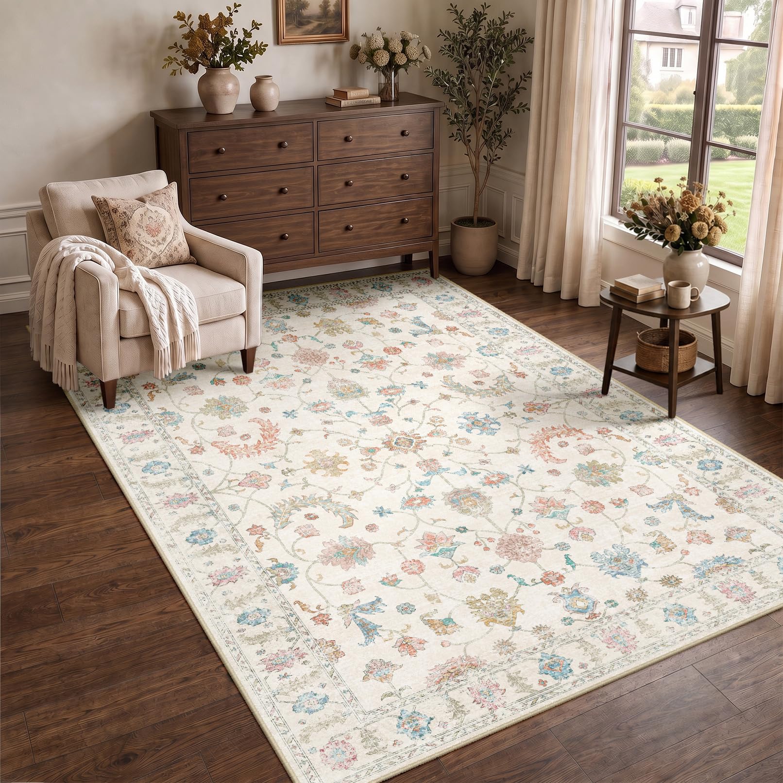 INOVADAY Waschbarer Teppich Wohnzimmer rutschfest Kurzflor Vintage Boho Teppich für Flur Schlafzimmer Küche Büro Esszimmer Diele
