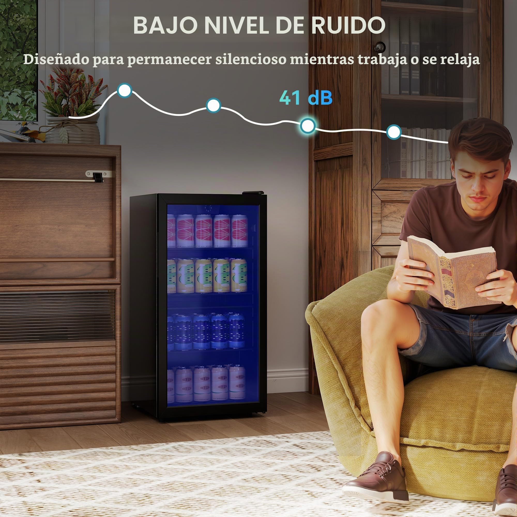 HOMCOM - Refrigerador para Bebidas, 93 L, 115 Latas, Puerta de Cristal, Estantes Regulables, Iluminación LED y Control de Temperatura, para Cerveza, Refrescos, para Hogar Oficina, Negro