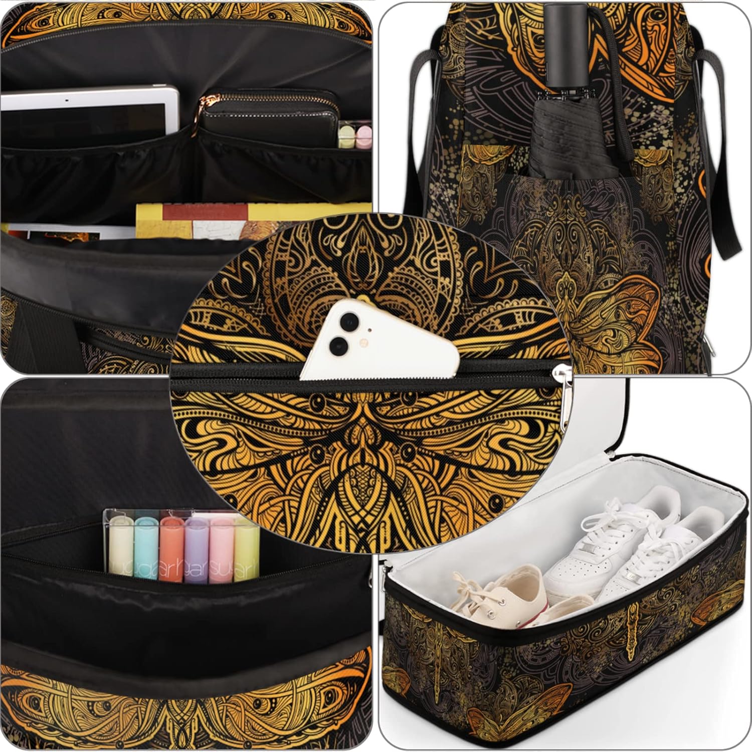 Vintage Dragonfly Retro Mandala Sports Gym Bag Foldable Travel Duffel Bag with Shoes Compartment Dry And Wet Separation Travel Bag For Men Women Yoga Overnight Weekend Holiday