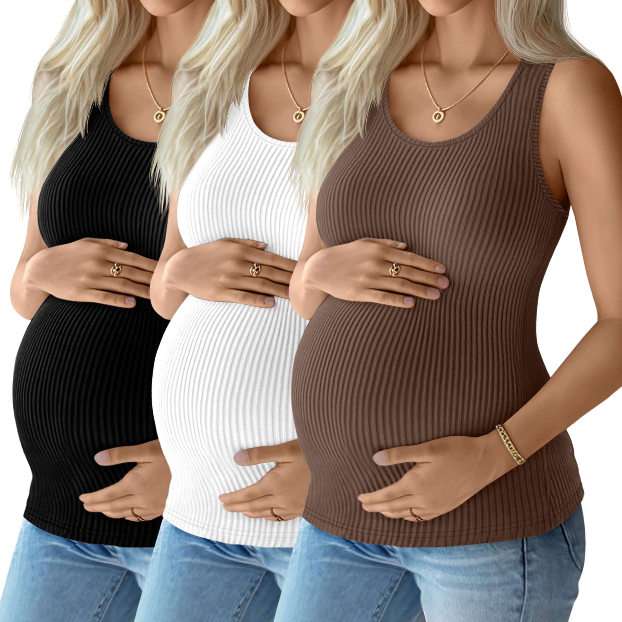Locoowai 3 Pack Women's Maternity Tank Tops Sleeveless Racerback Summer Pregnancy Shirts Ribbed Knit Mama Clothes