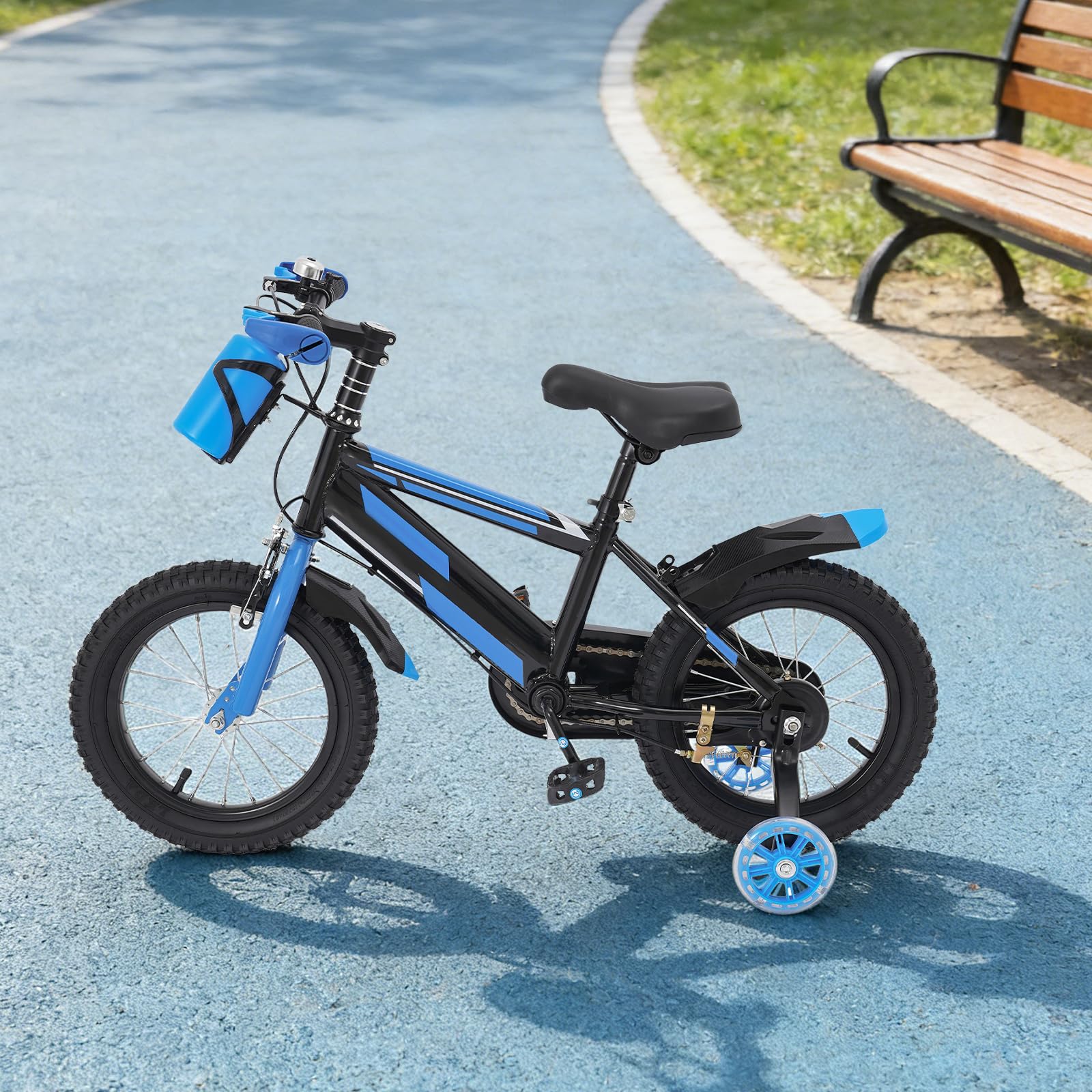 Bicicletta per bambini da 14 pollici, per ragazzi e ragazze dai 3 ai 7 anni, bicicletta con ruote di supporto e bottiglia d'acqua, regolabile in altezza, doppio sistema di frenatura in acciaio al