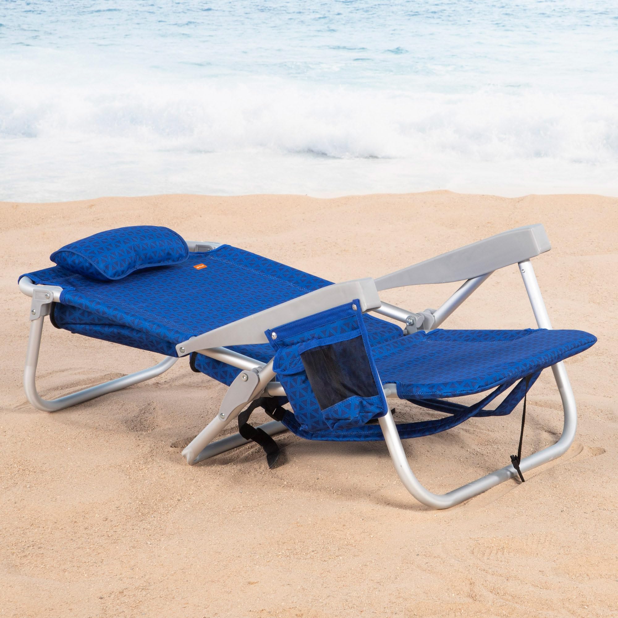 AKTIVE Krzesło plażowe, składane, wysokość XXL, 50 x 53 x 78 cm, 5 pozycji, niebieskie, obciążenie 110 kg, łącznie z wyściełaną poduszką, uchwytami, kieszeniami, torba termiczna, tkanina poliestrowa