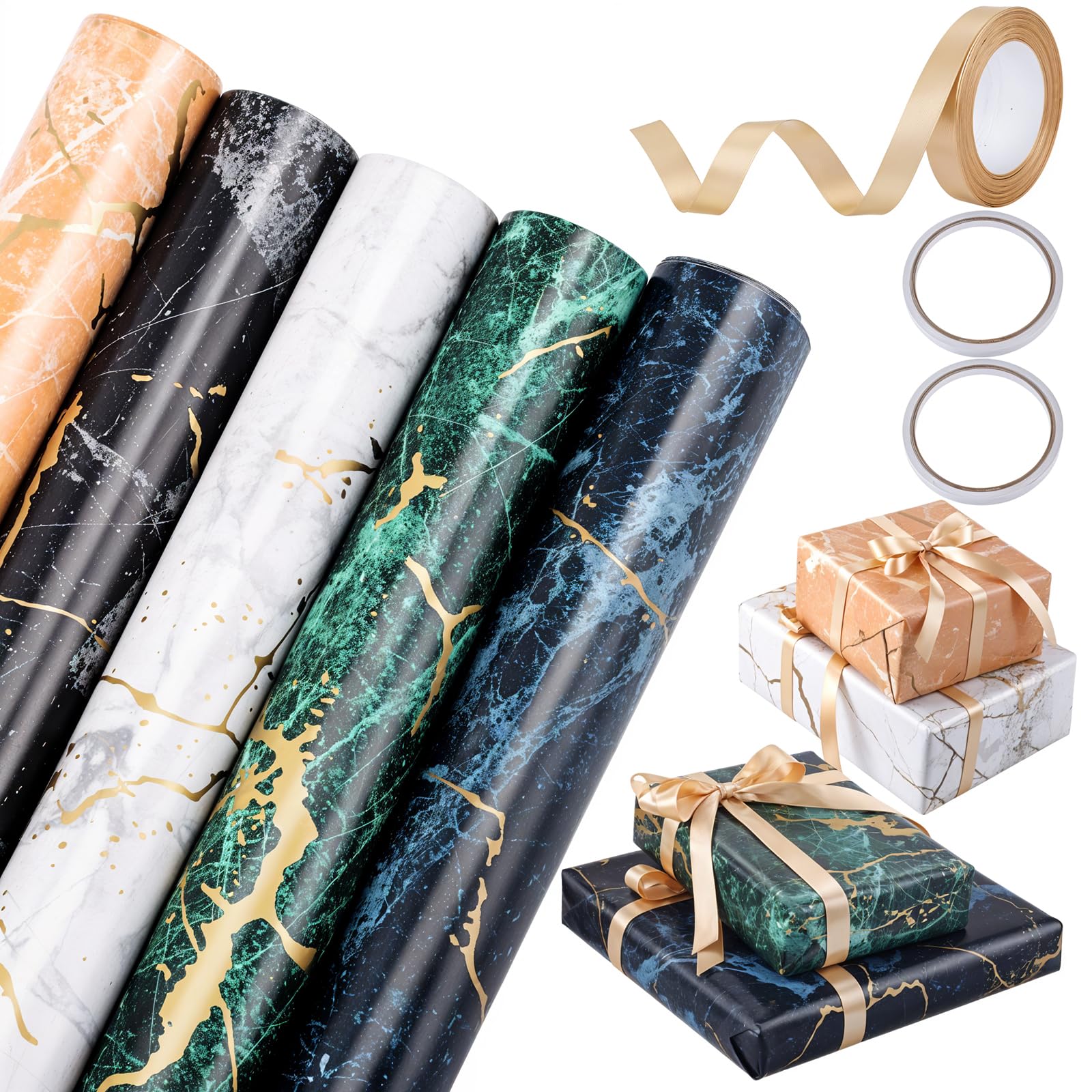 woric 5 Rollen Geschenkpapier Set, 43cm x 3m Geschenkpapier Geburtstag Marmor Geschenkpapierrolle mit Schleifenband Gold für Geburtstag Hochzeit Ostern Muttertag (Marmorblau)
