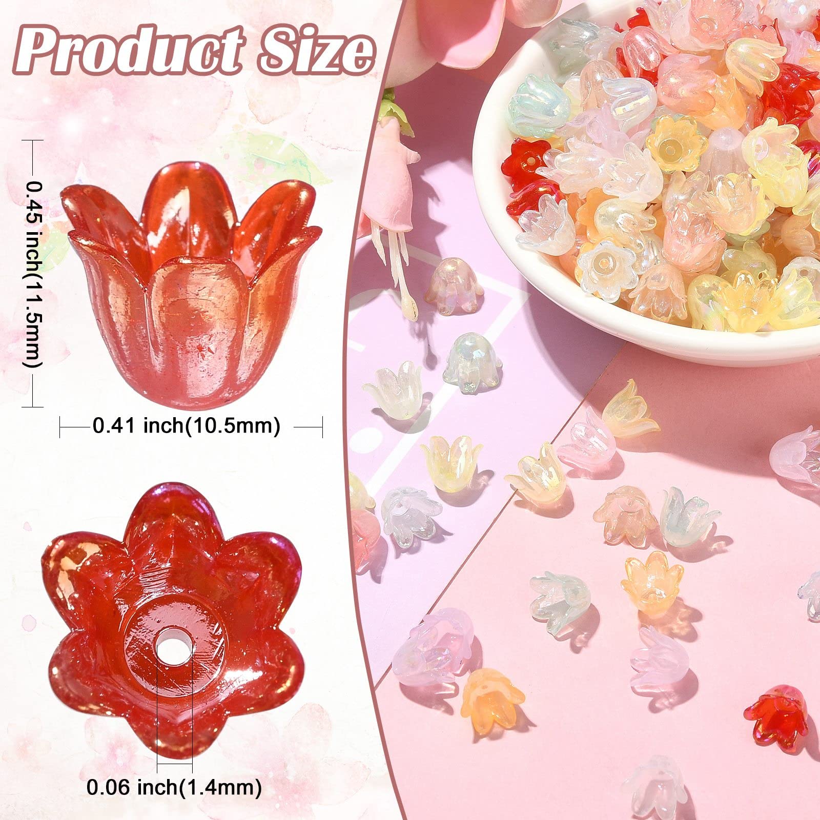Ipotkitt 300 Pcs Colorful 6-Petal Bell Flower Bead Acrylic Flower Bead Caps AB Color Floral Spacer Beads for DIY Crafts Jewelry Making Accessories - Image 2