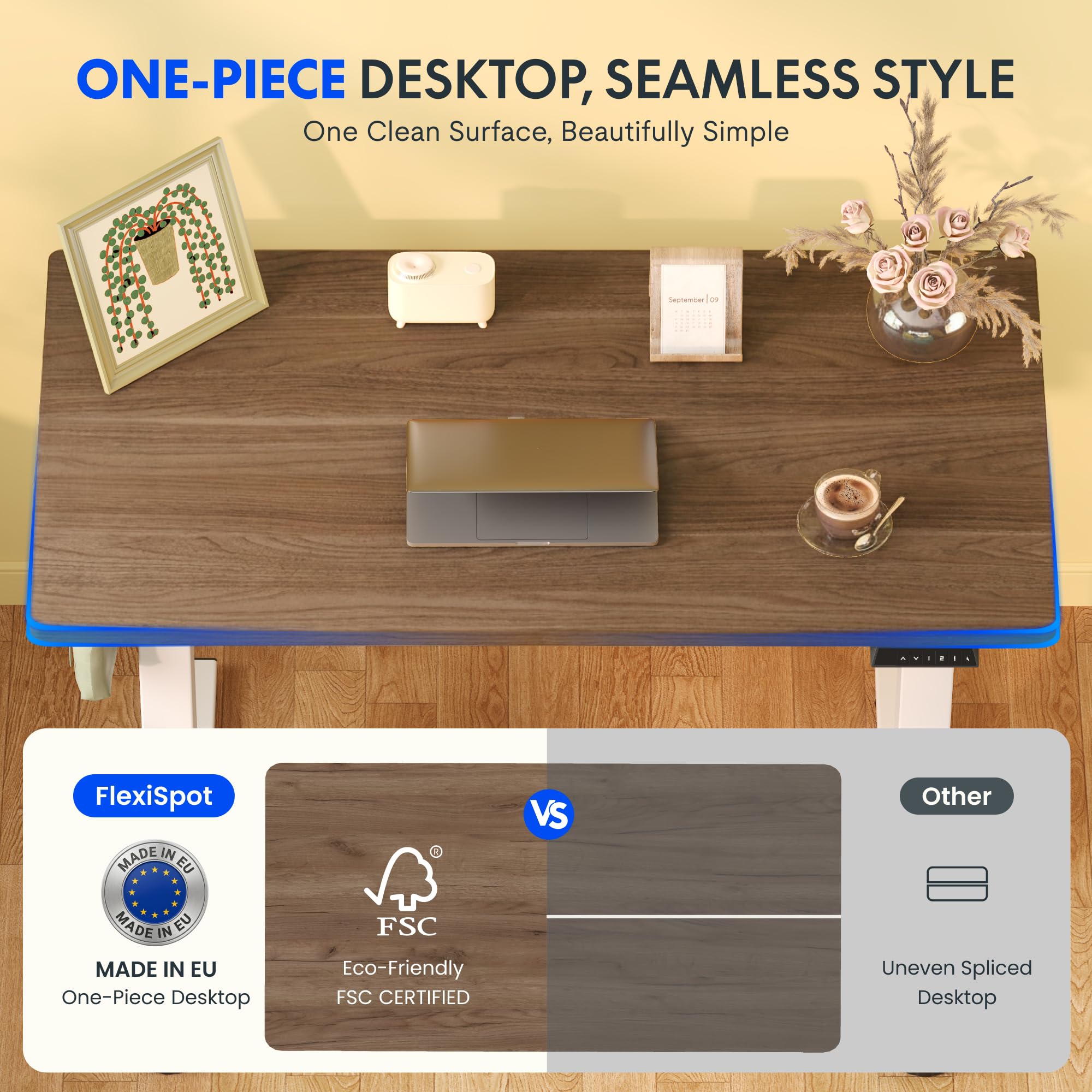 FLEXISPOT Escritorio Elevable Eléctrico con Tablero Acabado de Roble Hecho en UE,140×80cm,Altura Ajustable 71-120cm,Capacidad 80 kg,para Oficina,Trabajo Remoto,Hogar y Empresa,Roble Café + Negro