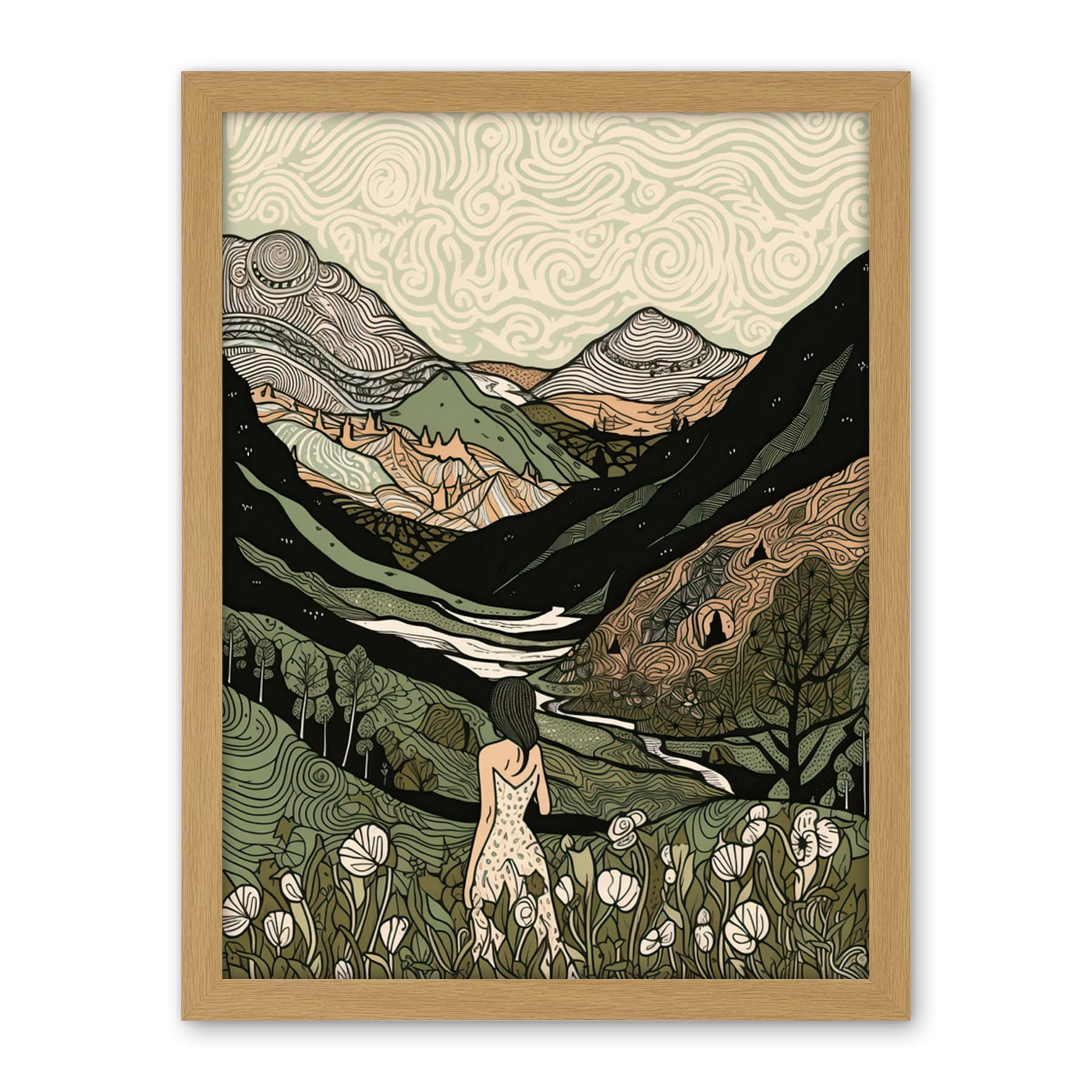 Artery8 Woman in Flower Field in Scottish Hill Landscape Artwork Framed Wall Art Print 18X24 Inch