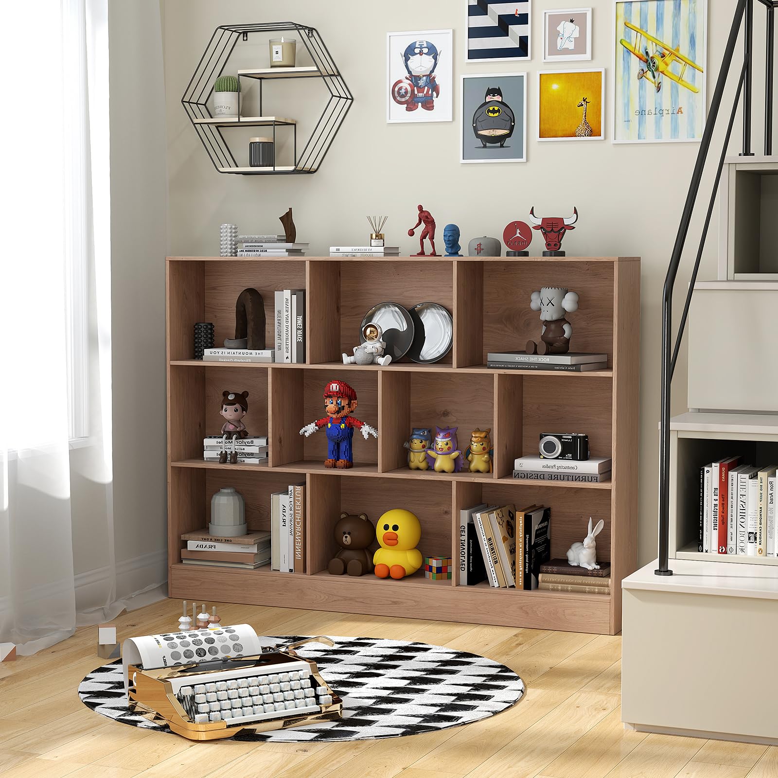 KOMFOTTEU Estantería Abierta con 10 Compartimentos, Librería de 3 Niveles con Dispositivo Antivuelco, Mueble de Almacenamiento para Salón, Oficina (Natural, 140 x 24 x 104 cm)