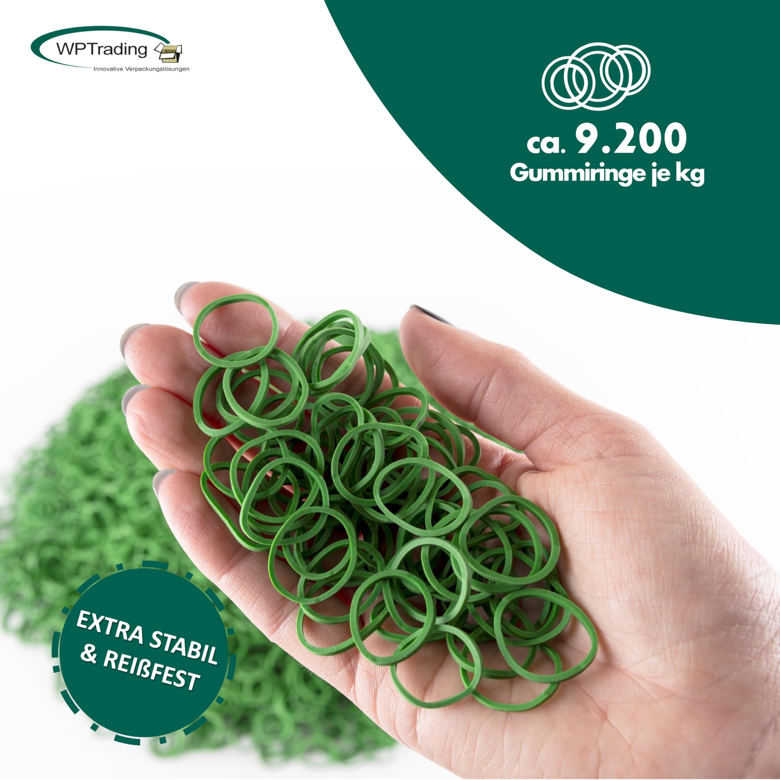 Gummiringe 1 kg Pack Ø 15mm in Grün - Gummibänder breit 1mm auf Natur Kautschukbasis für Büro & Haushalt reißfest - Haushaltsgummi klein extra stark zum Bündeln, Fixieren & Verschließen