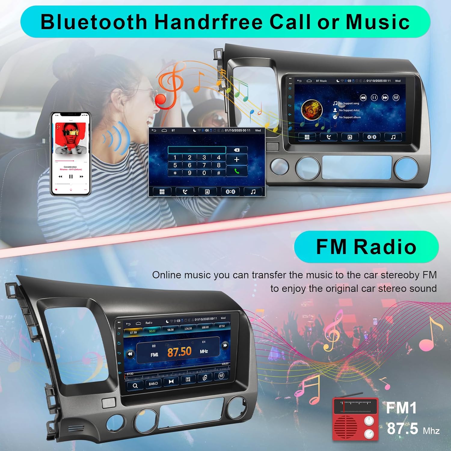 Car Stereo Radio for Honda 2006 2007 2008 2009 2010 2011 with Wireless Carplay & Android Auto,9 Inch 1080P Touch Screen for Civic Radio with Airbag Indicator Bluetooth GPS Navi Mirror Link SWC