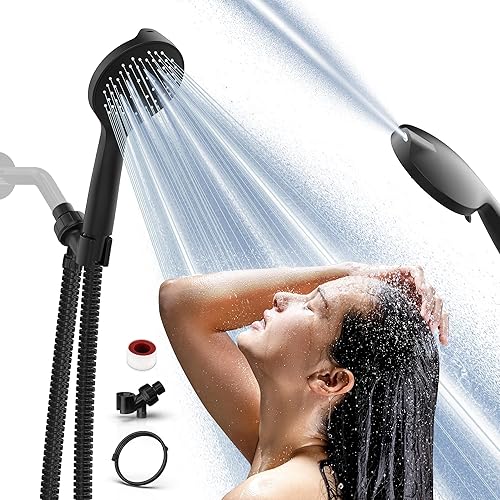 L'amourQua - Cabezal de ducha de mano de alta presión de 6 modelos, lavado a presión integrado para limpiar bañera y mascotas, con manguera de acero