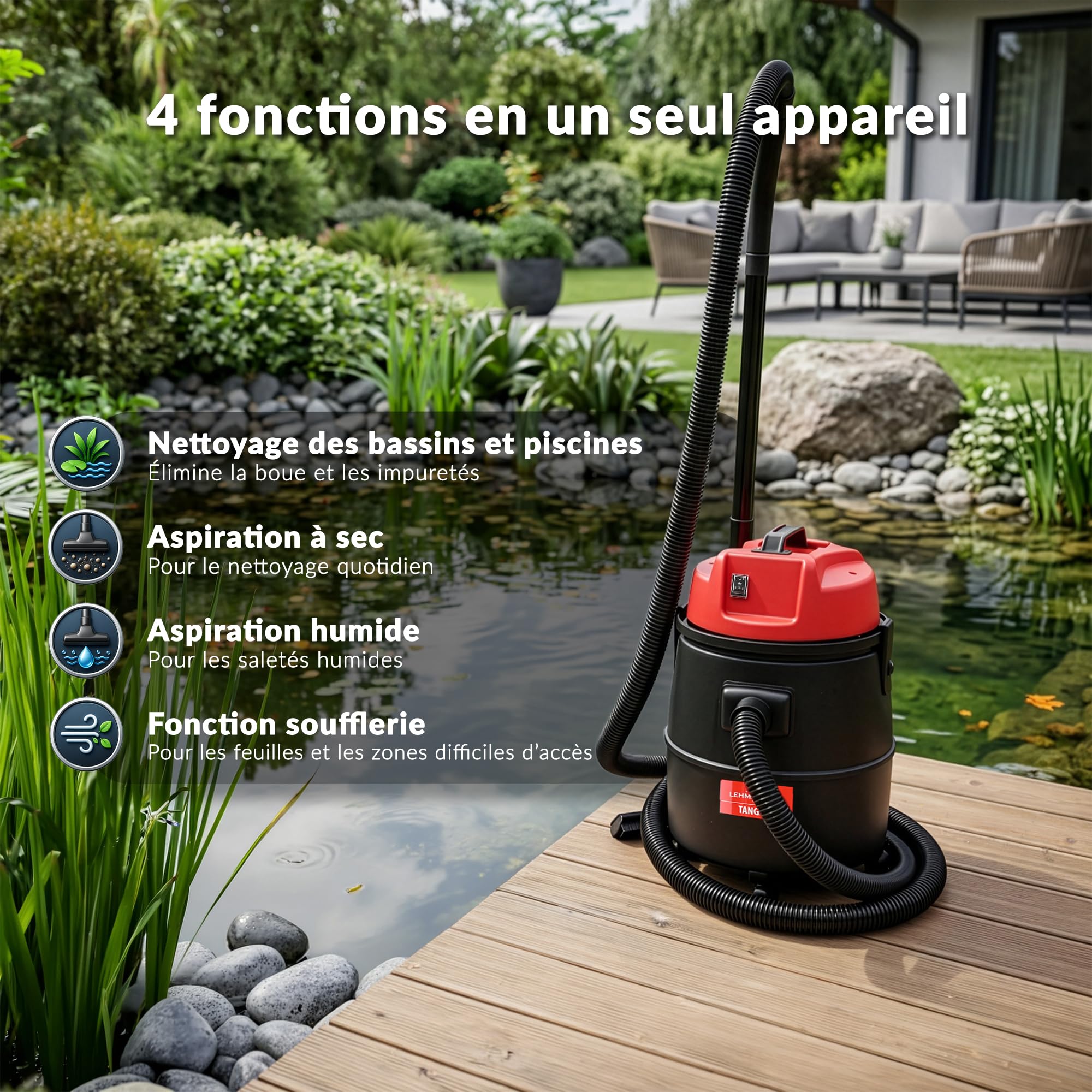LEHMANN Aspirateur de Piscine 4-en-1 1400 W 30 L Sec Humide Soufflerie Noir Rouge