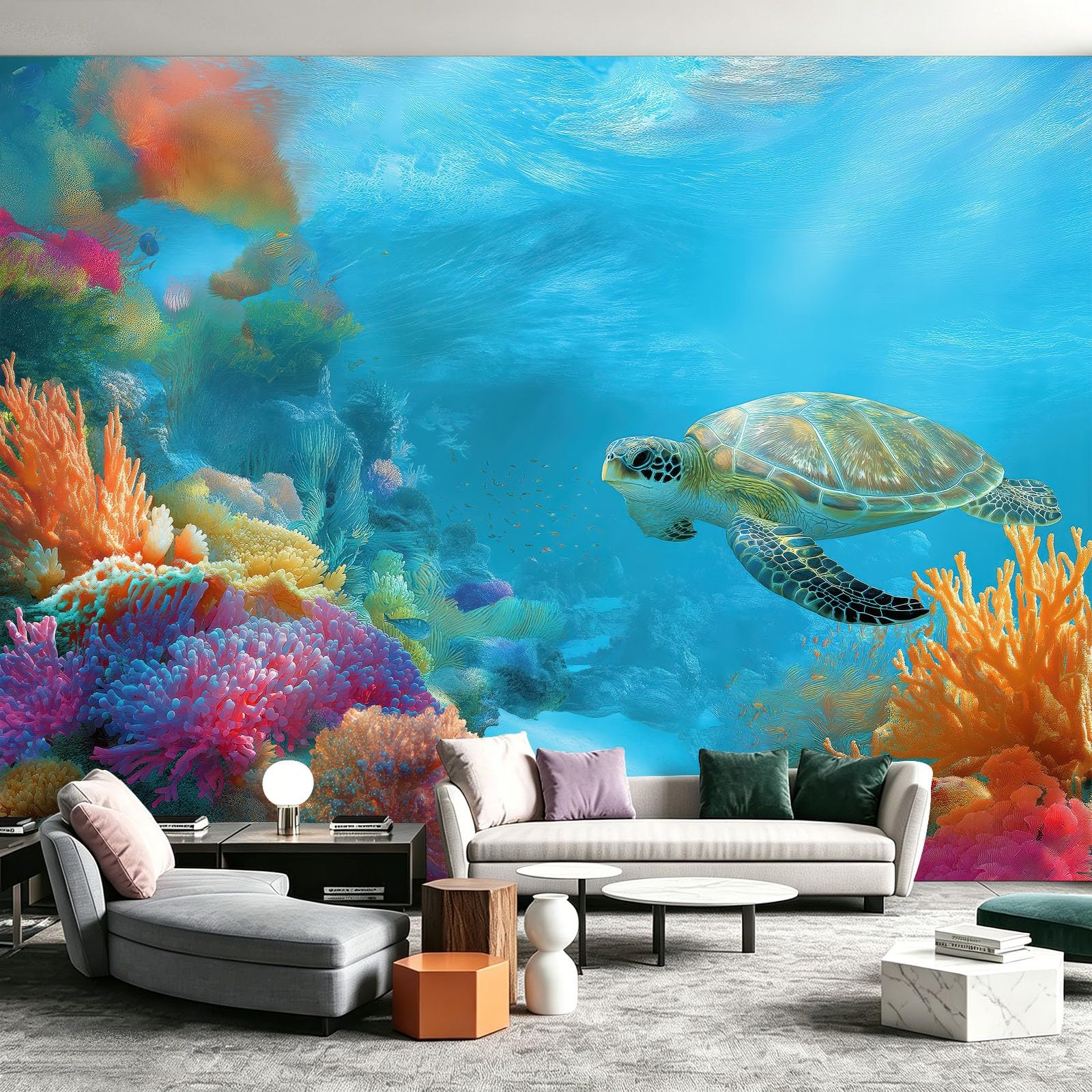 Panoramiczna tapeta 3D fantazyjne stworzenia ozean plakat ścienny, zwierzęta żółw morze rafa koralowa ławka ryba tapeta z włókniny do salonu pokoju dziecięcego i biura Sofa tło telewizora 350 x 256 cm